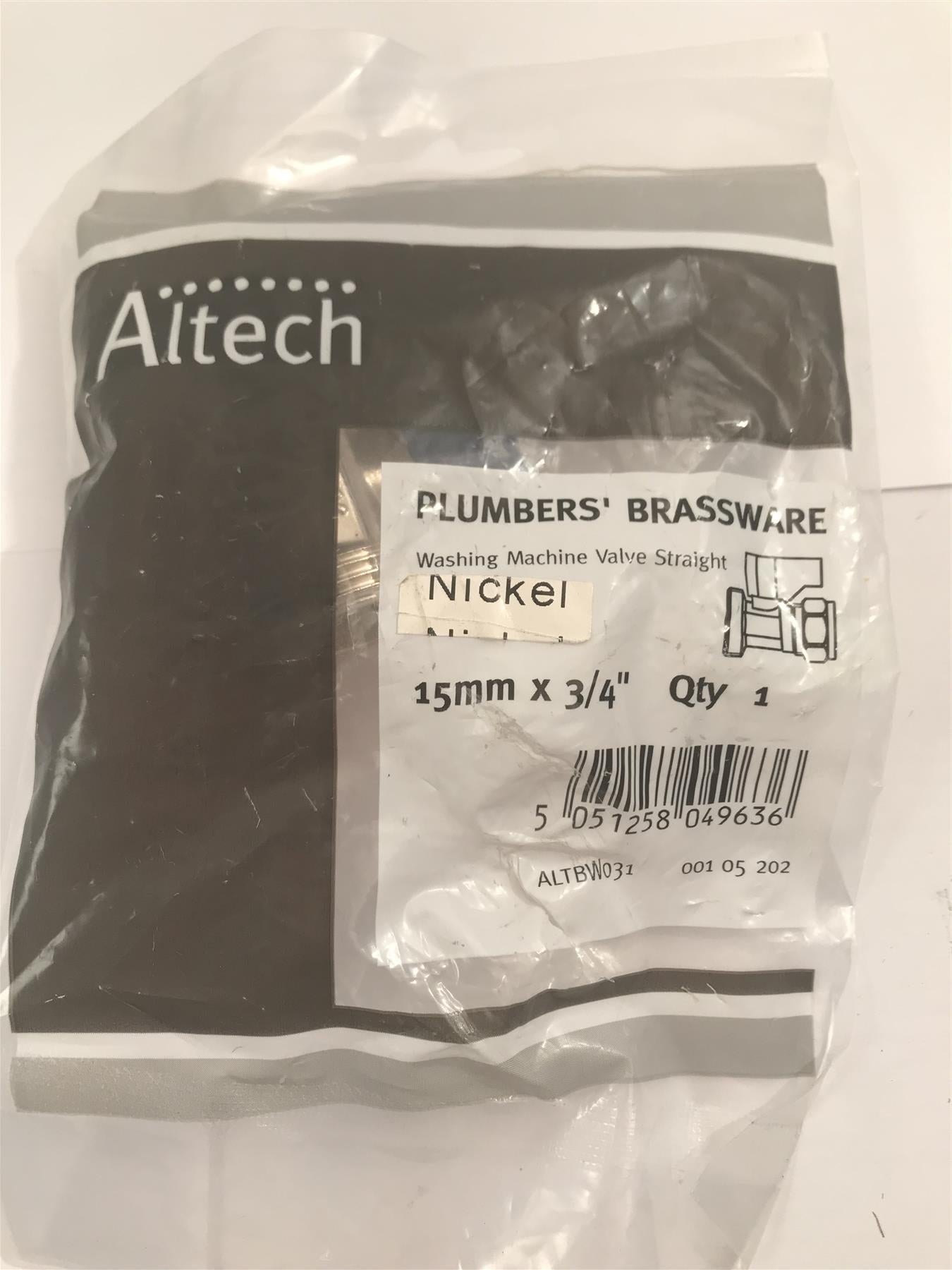 Altech 15mm x 3/4" Nickel Washing Machine Valve Straight ALTBW031