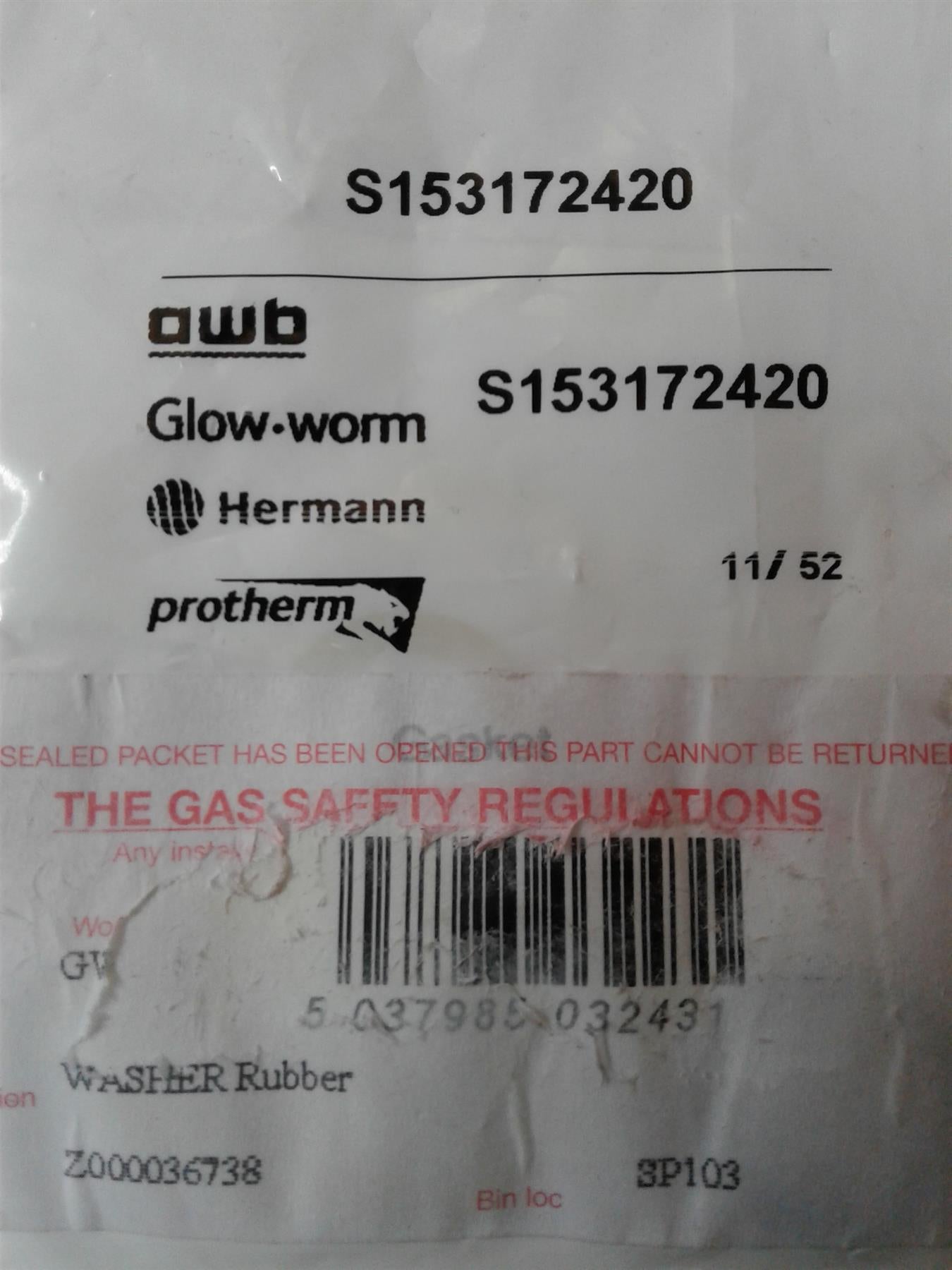 NEW GLOWWORM RUBBER WASHER O RING GASKET S153172420