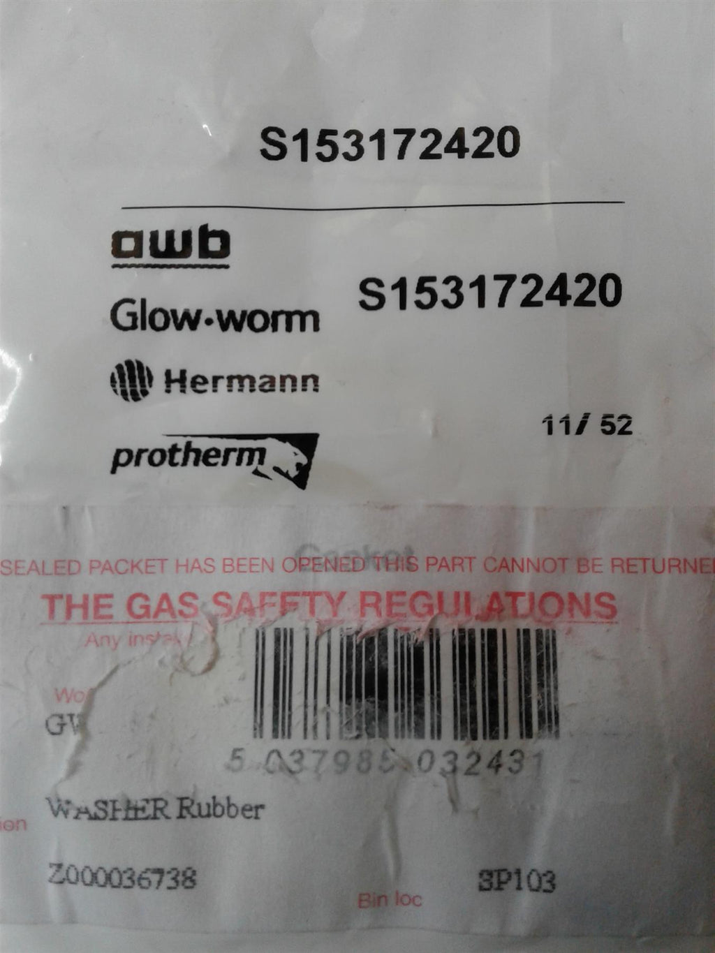 NEW GLOWWORM RUBBER WASHER O RING GASKET S153172420