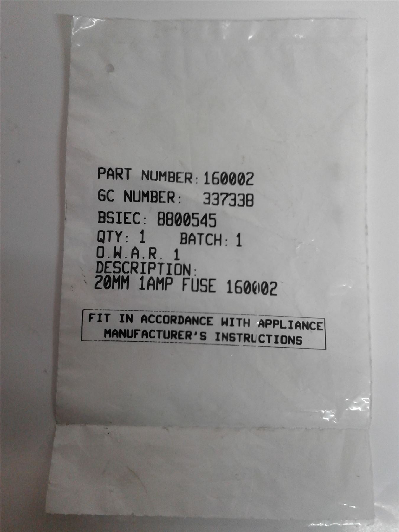 NEW POTTERTON 160002 20MM 1AMP FUSE
