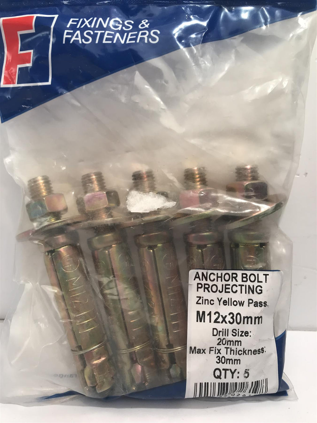 Masonry Anchor Bolt Projecting Zinc Yellow Pass M12 x 30mm  5PB1230 Bag of 5