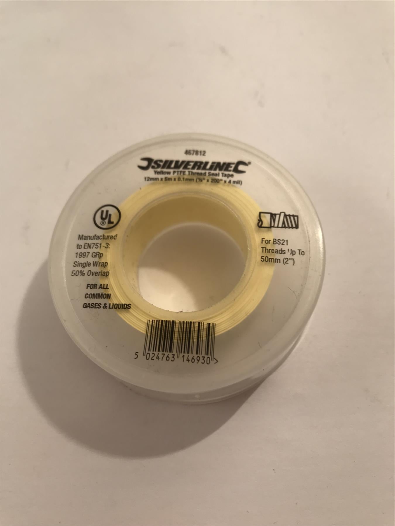 Silverline Yellow PTFE Thread Seal Tape 12mm x 5m  467812