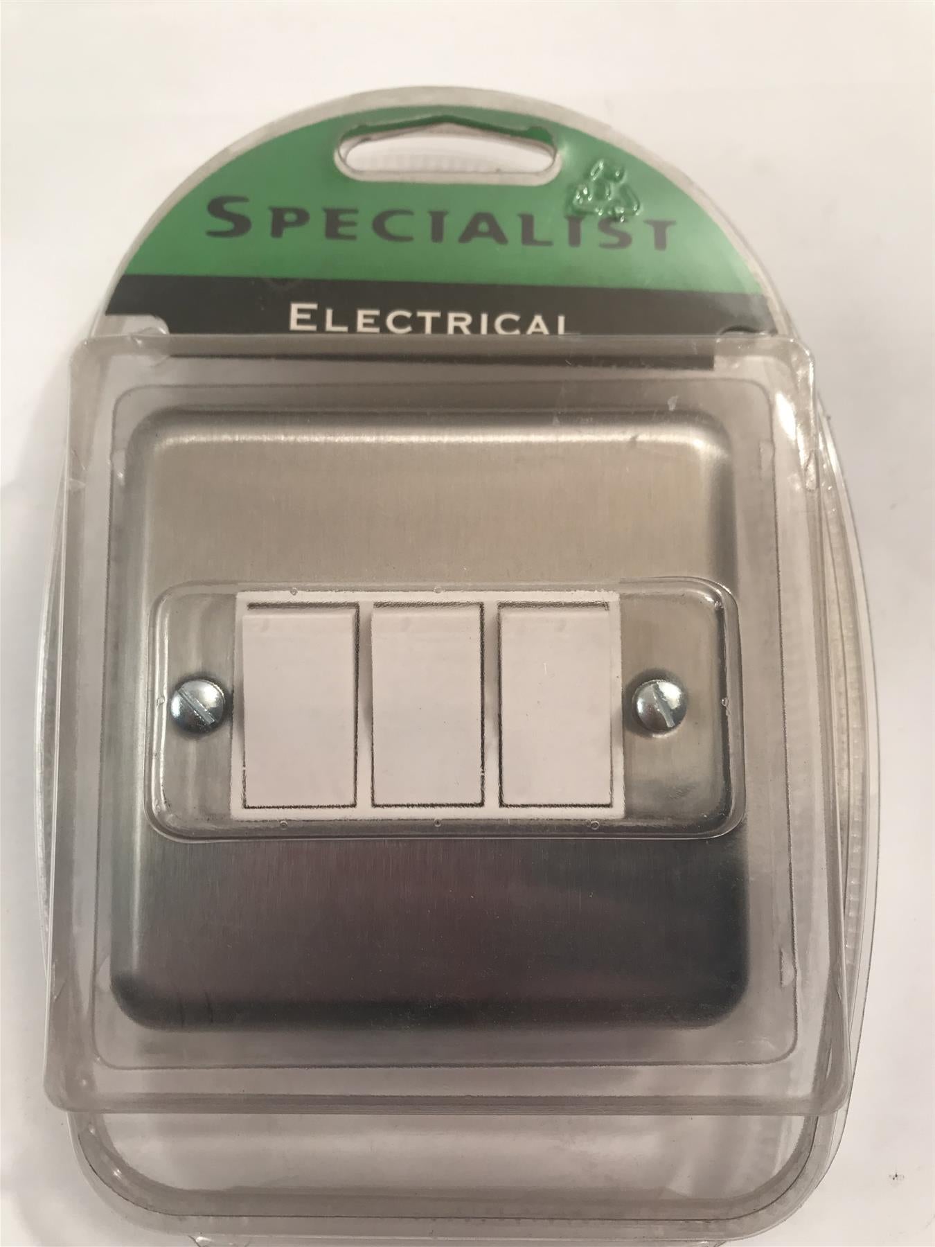 Specialist Matt Steel 3 Gang 2 Way Light Switch White Insert SEMS03W