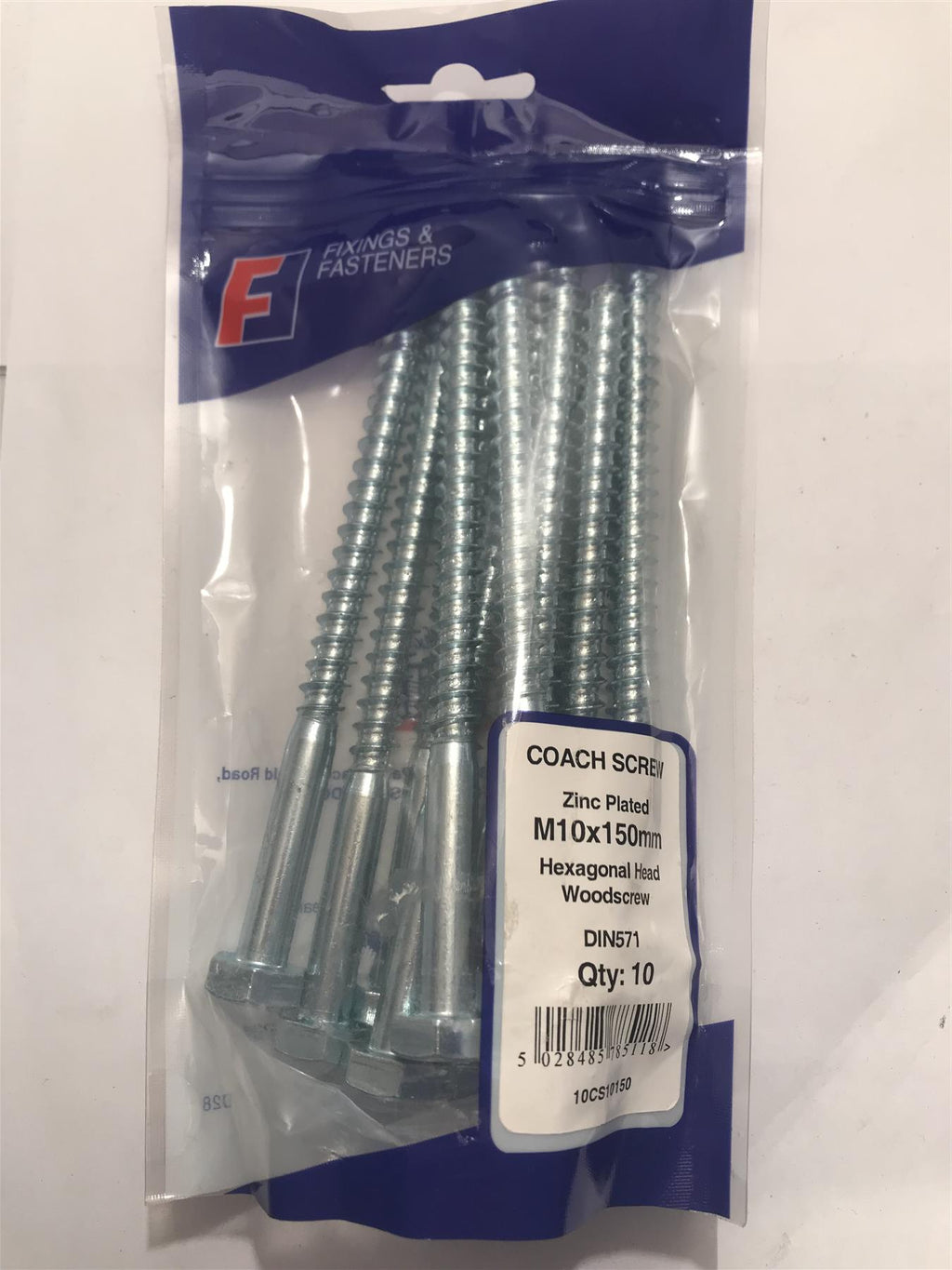 ForgeFix Coach Screw Zinc Plated M10x150mm Hexagon Head 10CS10150 (10 Pk)