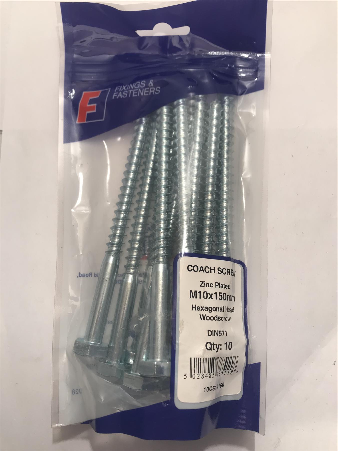 ForgeFix Coach Screw Zinc Plated M10x150mm Hexagon Head 10CS10150 (10 Pk)