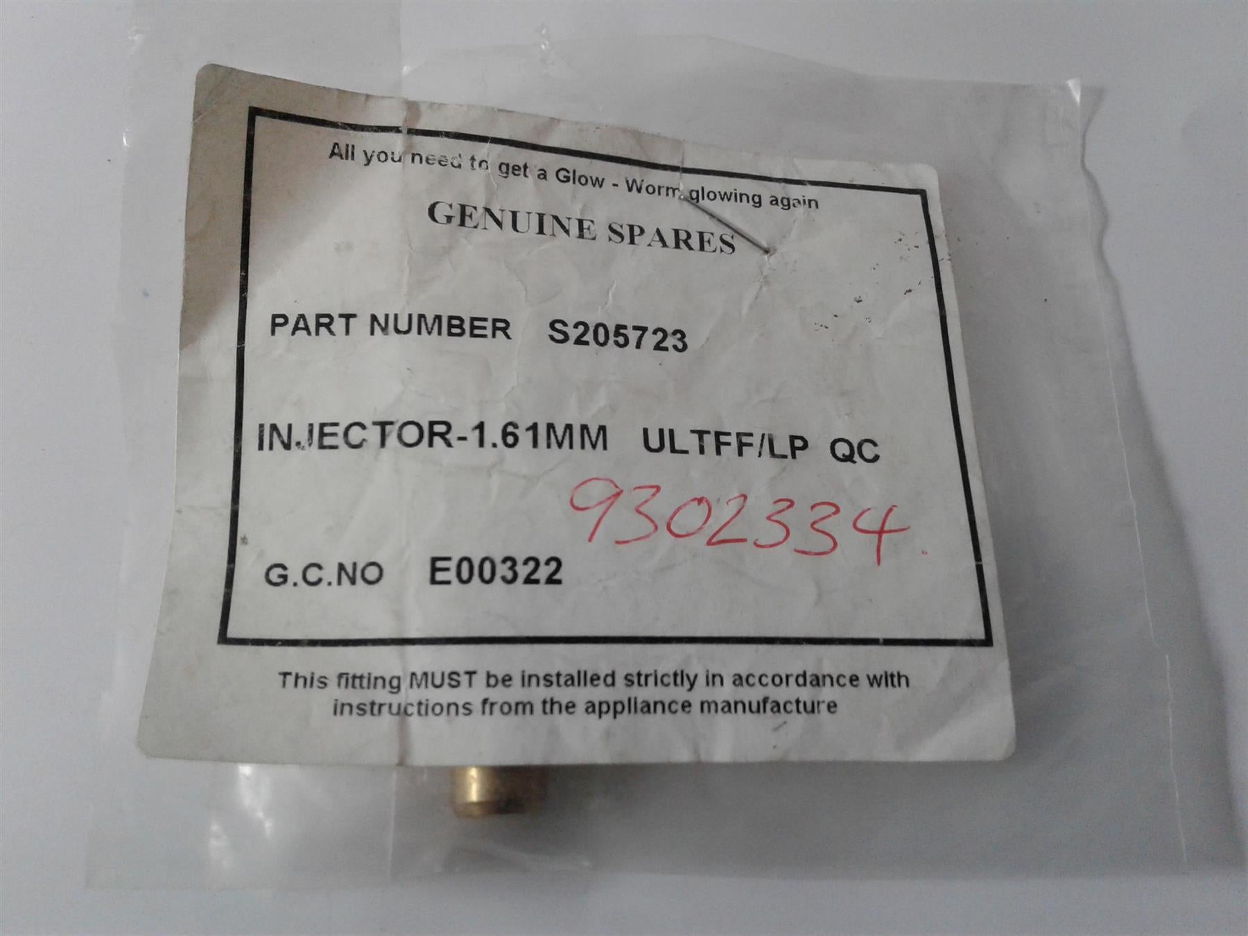 NEW GLOWWORM S205723 INJECTOR 1.61MM ULTFF/LP QC