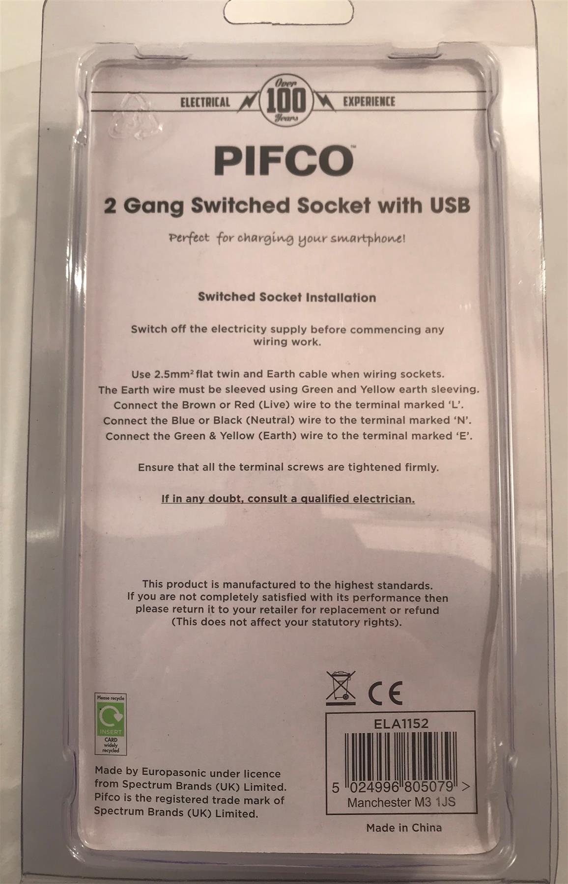 Pifco 2 Gang Switched Socket with USB  ELA1152
