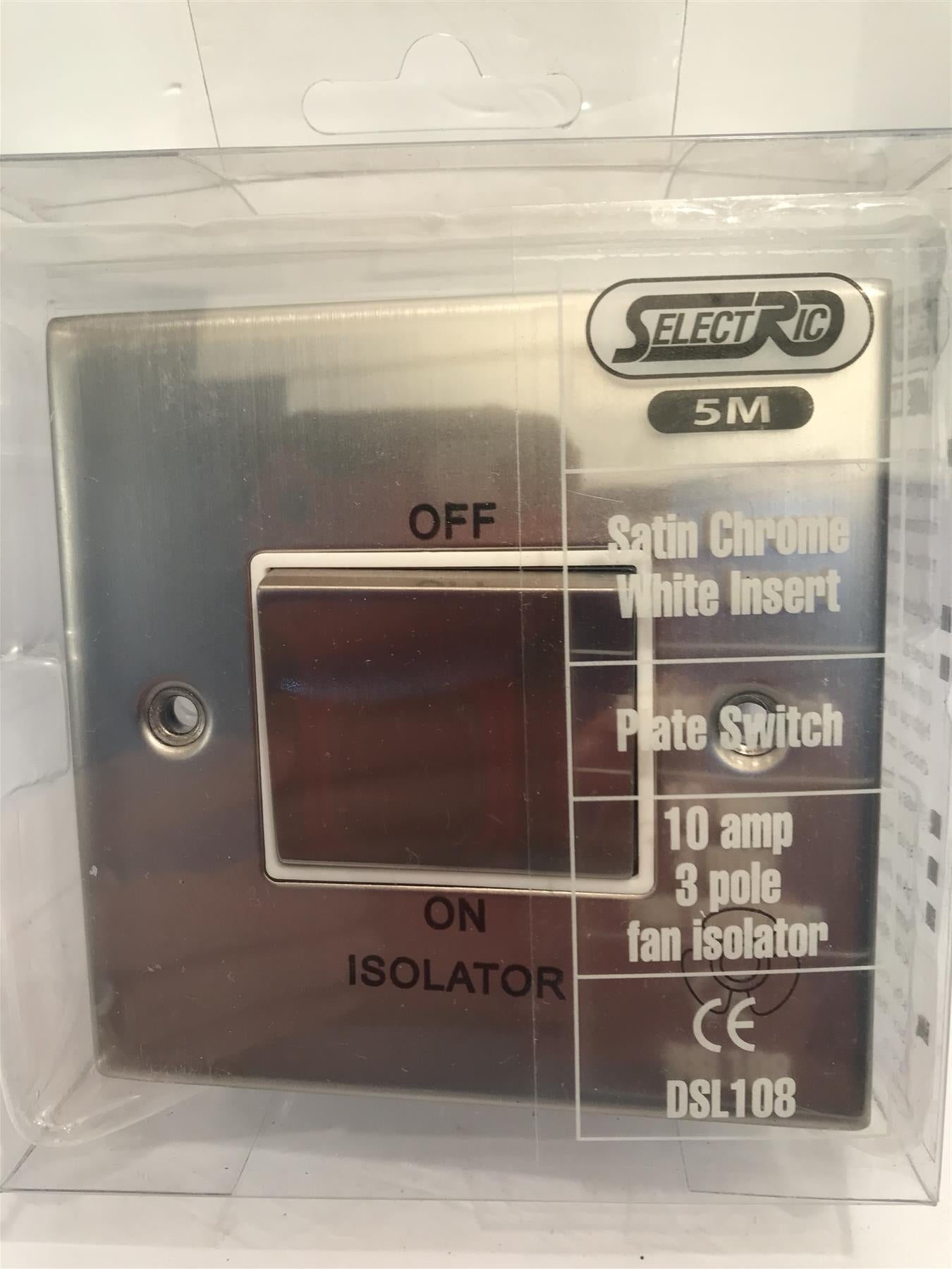 Satin Chrome White Insert plate Switch 10A 3 Pole Fan Isolator DSL108