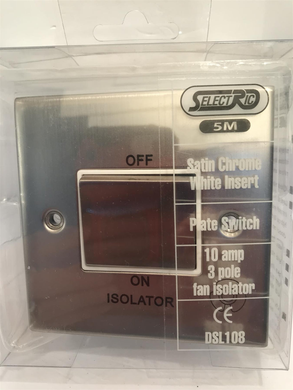 Satin Chrome White Insert plate Switch 10A 3 Pole Fan Isolator DSL108