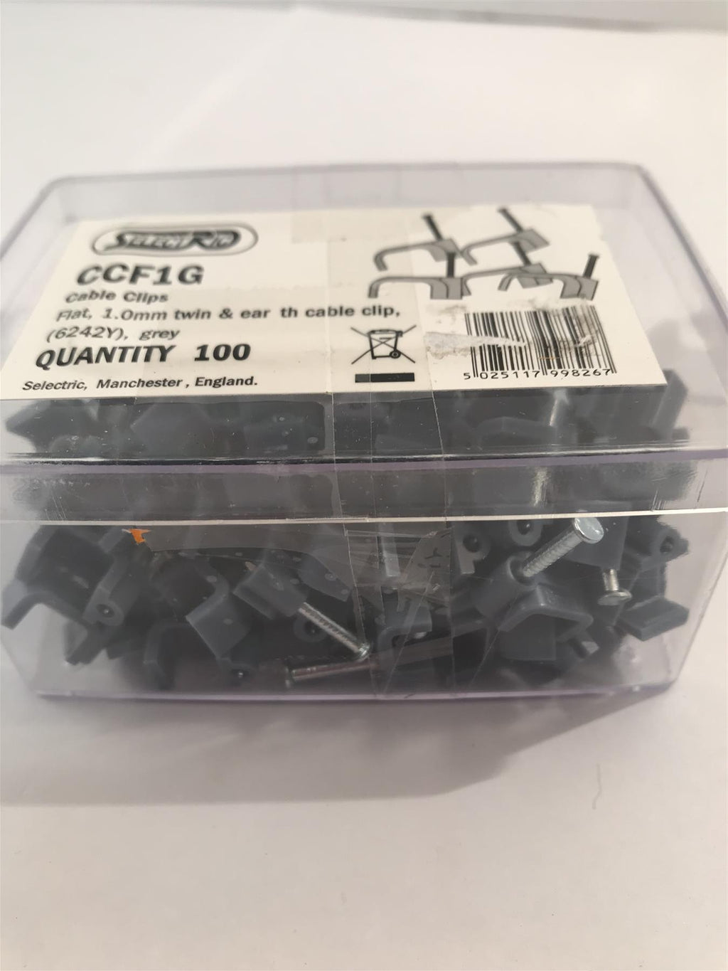 Selectric  Flat 1mm Twin & Earth Cable Clip Grey  x 100  CCF1G