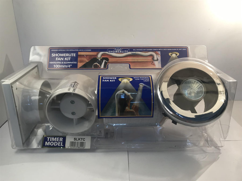Showerlite Fan Kit Ventilates & Illuminates 100mm/4" White/Chrome + Timer