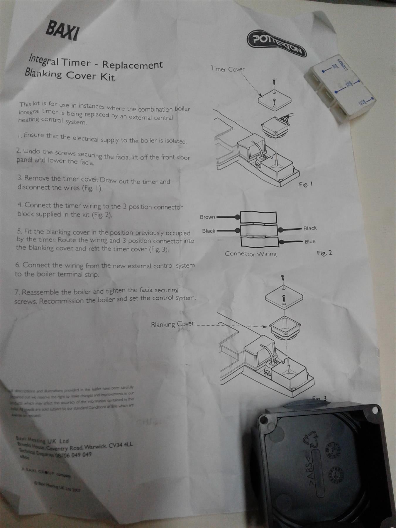 NEW BAXI INTEGRAL TIMER BLANKING COVER KIT 5122470 BLACK