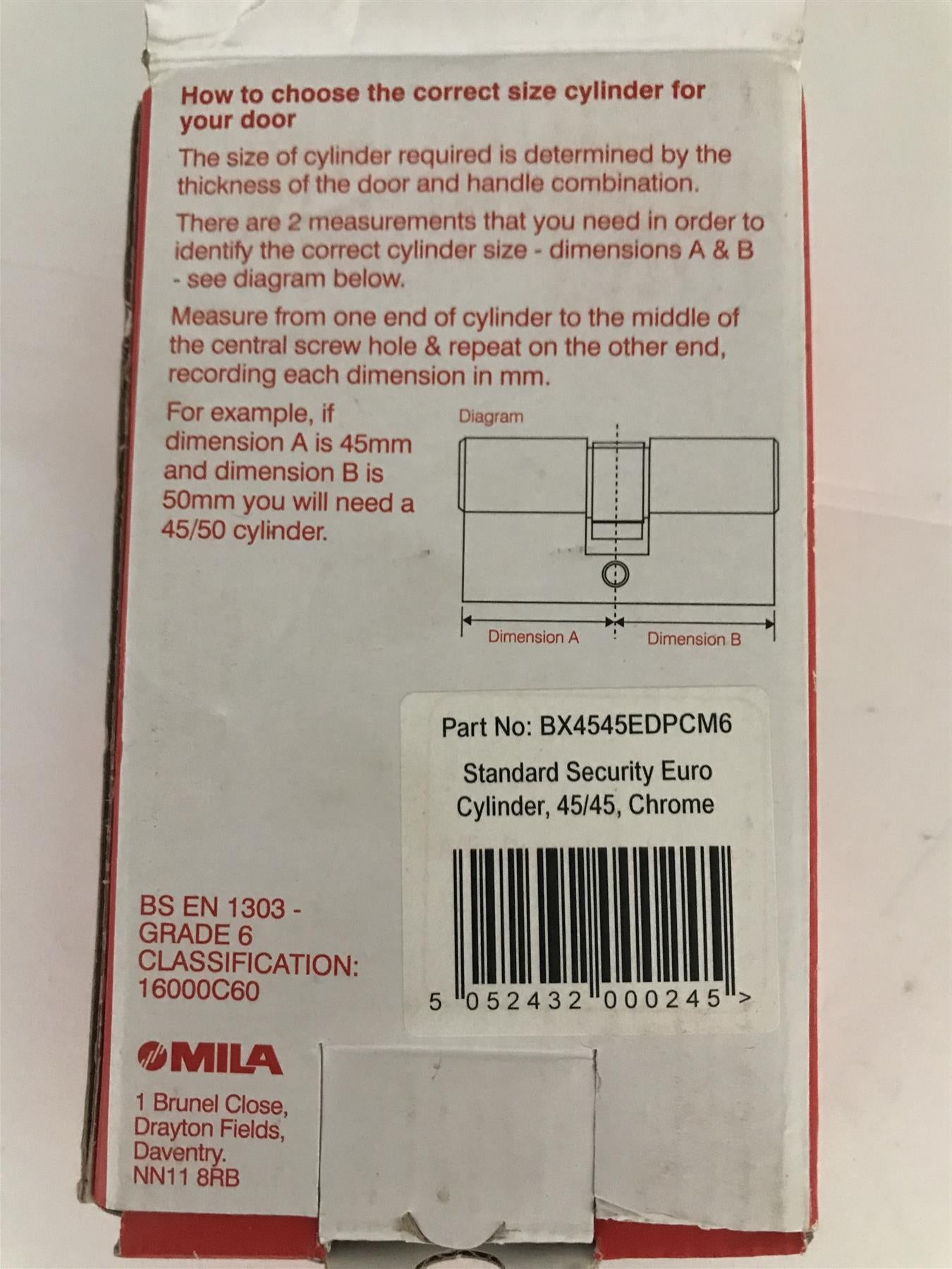 Mila Standard Security Euro Cylinder 45/45 Chrome includes 3 keys BX4545EDPCM6