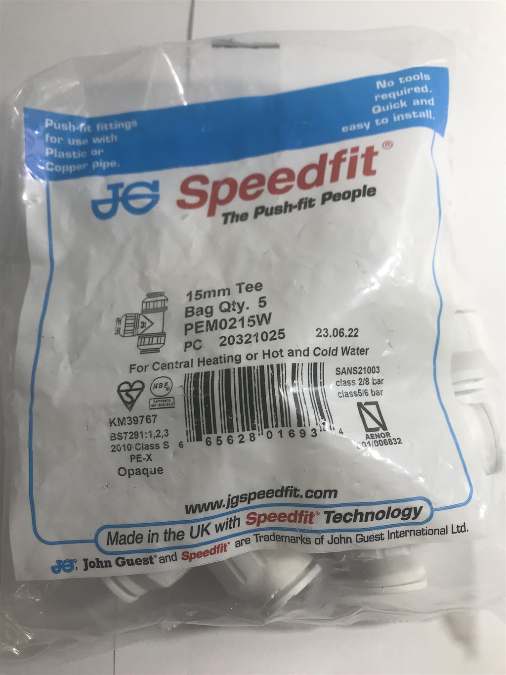 John Guest Speedfit 15mm Equal Tee Pack Of 5