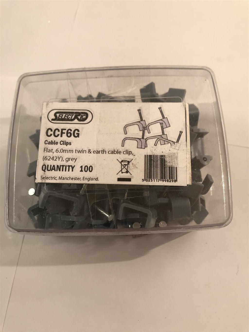 Selectric  Flat 6mm Twin & Earth Cable Clip Grey  x 100  CCF6G