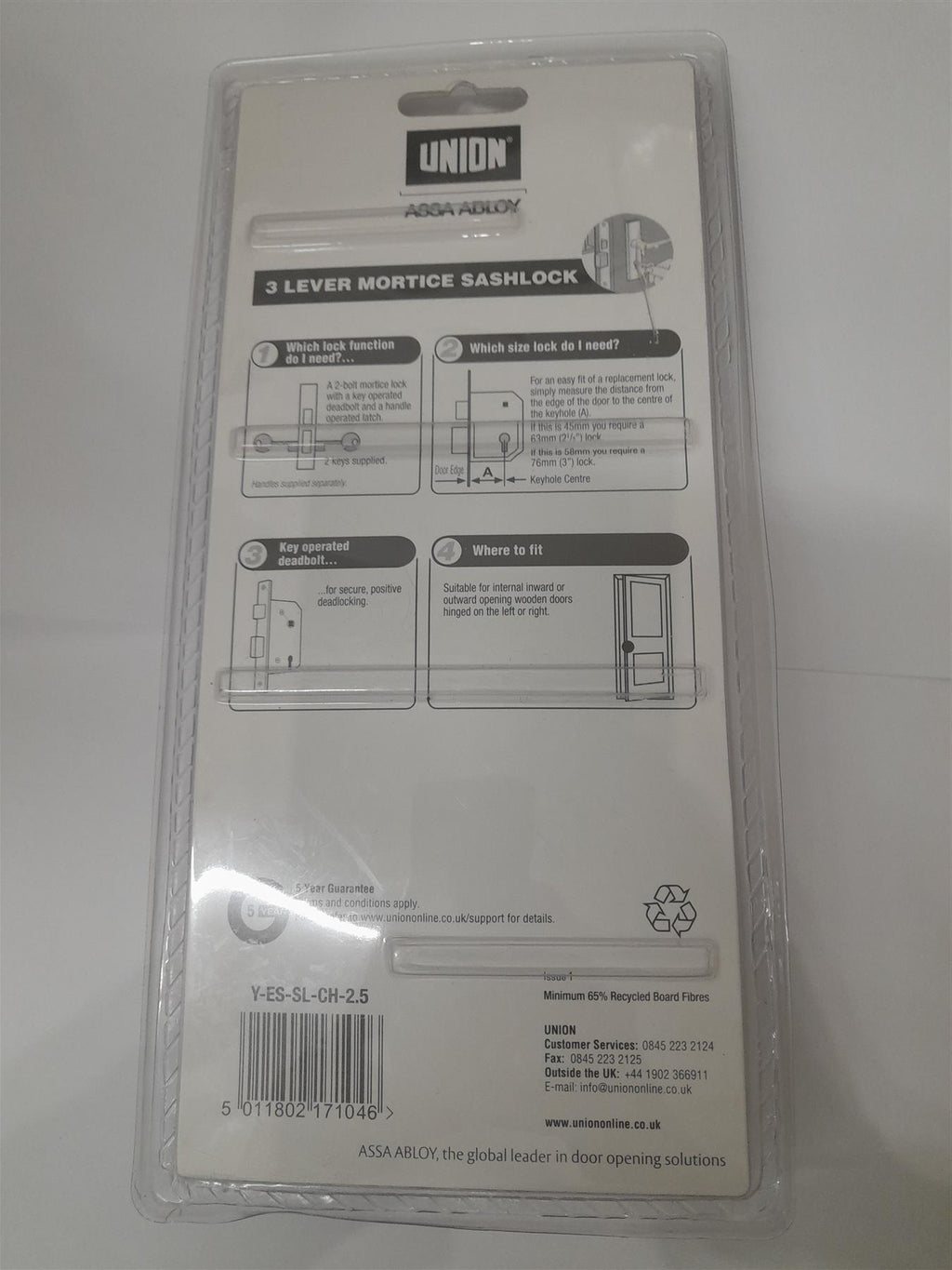 UNION 3 Lever Mortice Sashlock Chrome 65mm 2.5in YESSLCH25