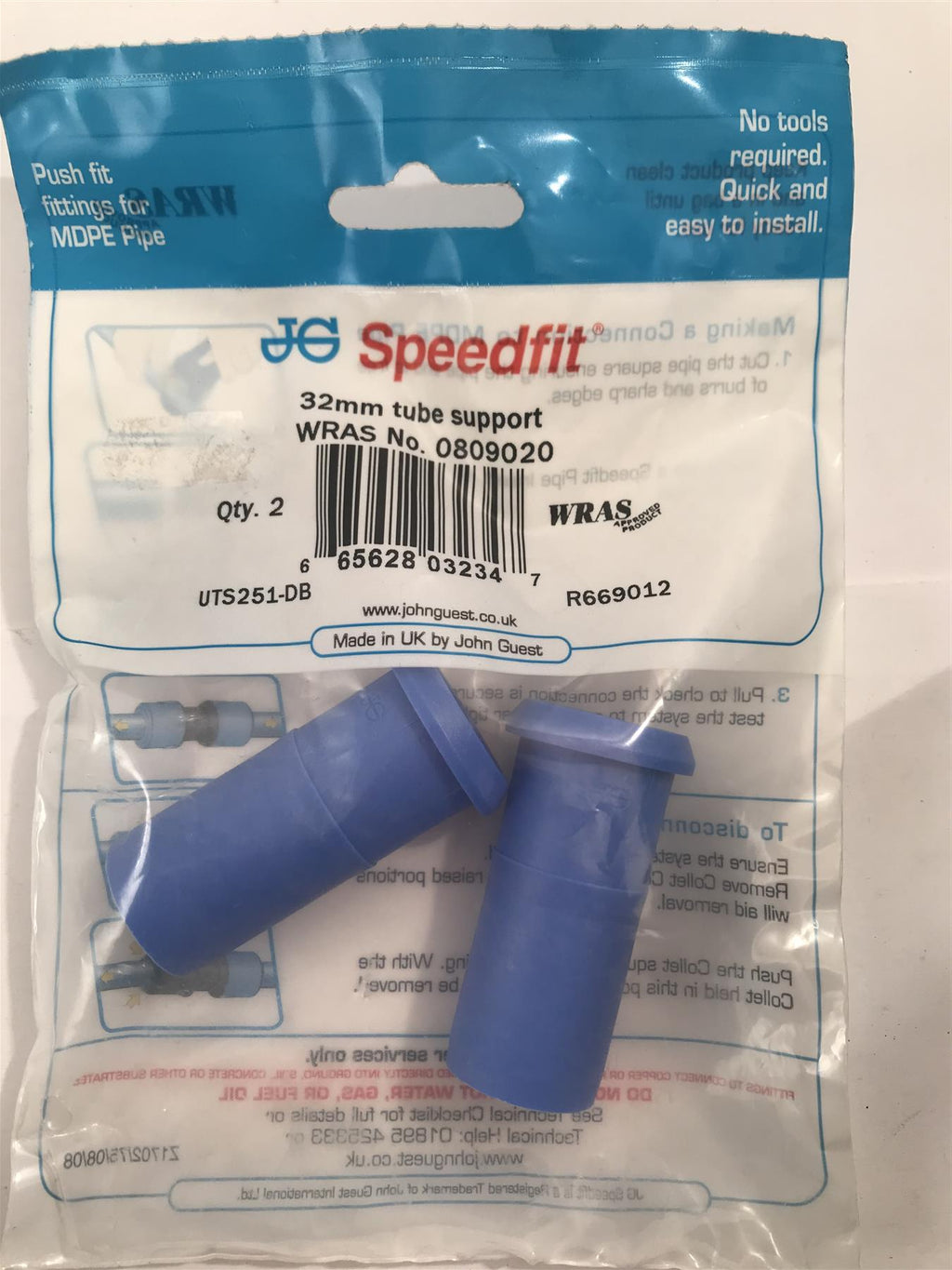 Speedfit 32mm Tube Support Pushfit MDPE  (2 Pack) UTS251-DB