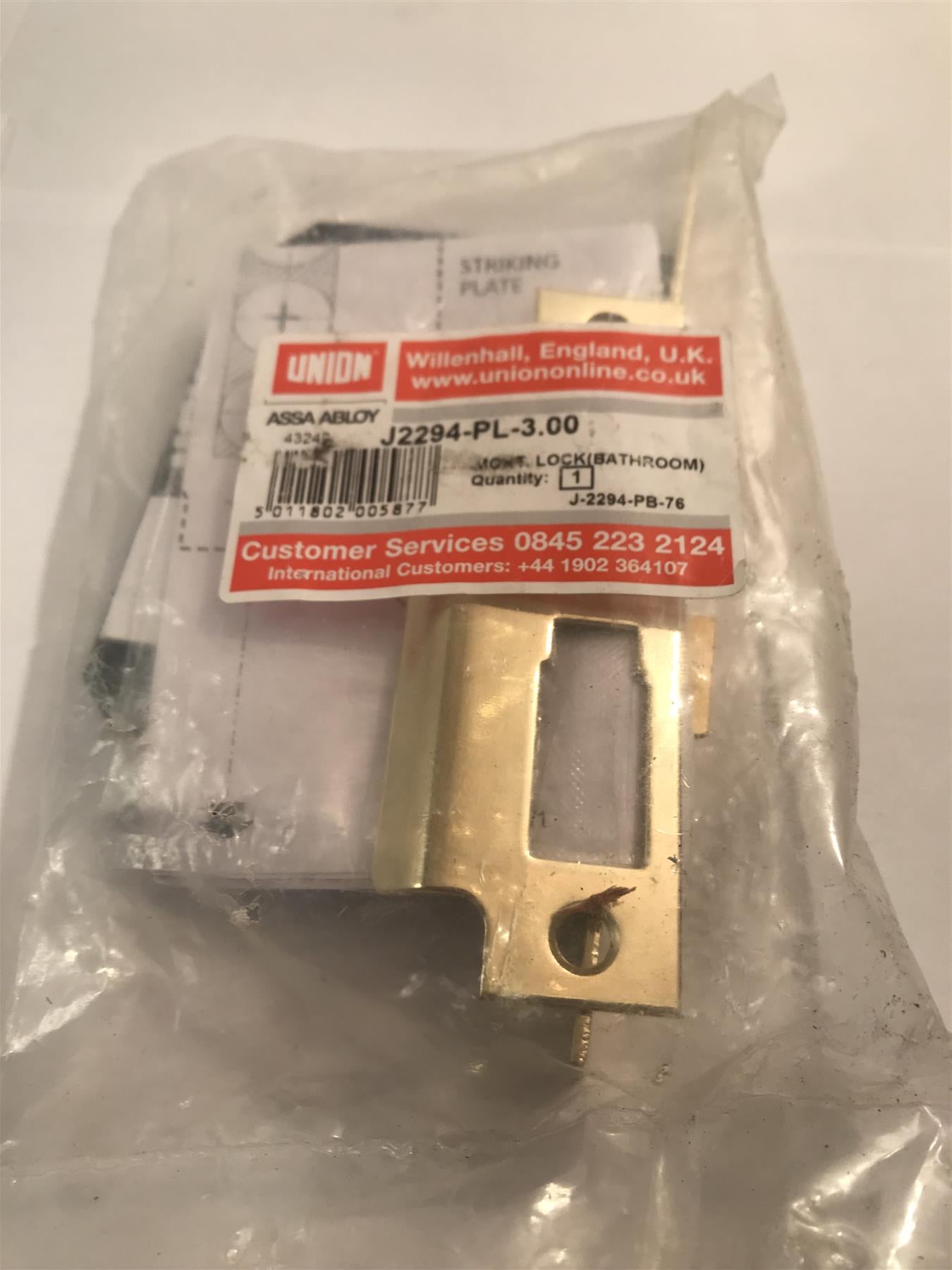 Union  J2294-PB-76 Mortice Bathroom Lock Polished Brass 76mm 3in