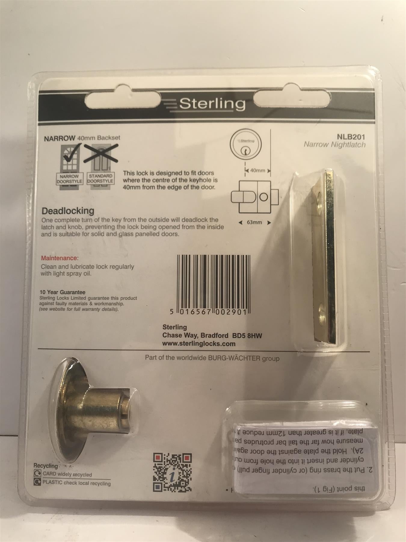 Sterling Narrow Deadlocking Brass Plated Nightlatch NLB201