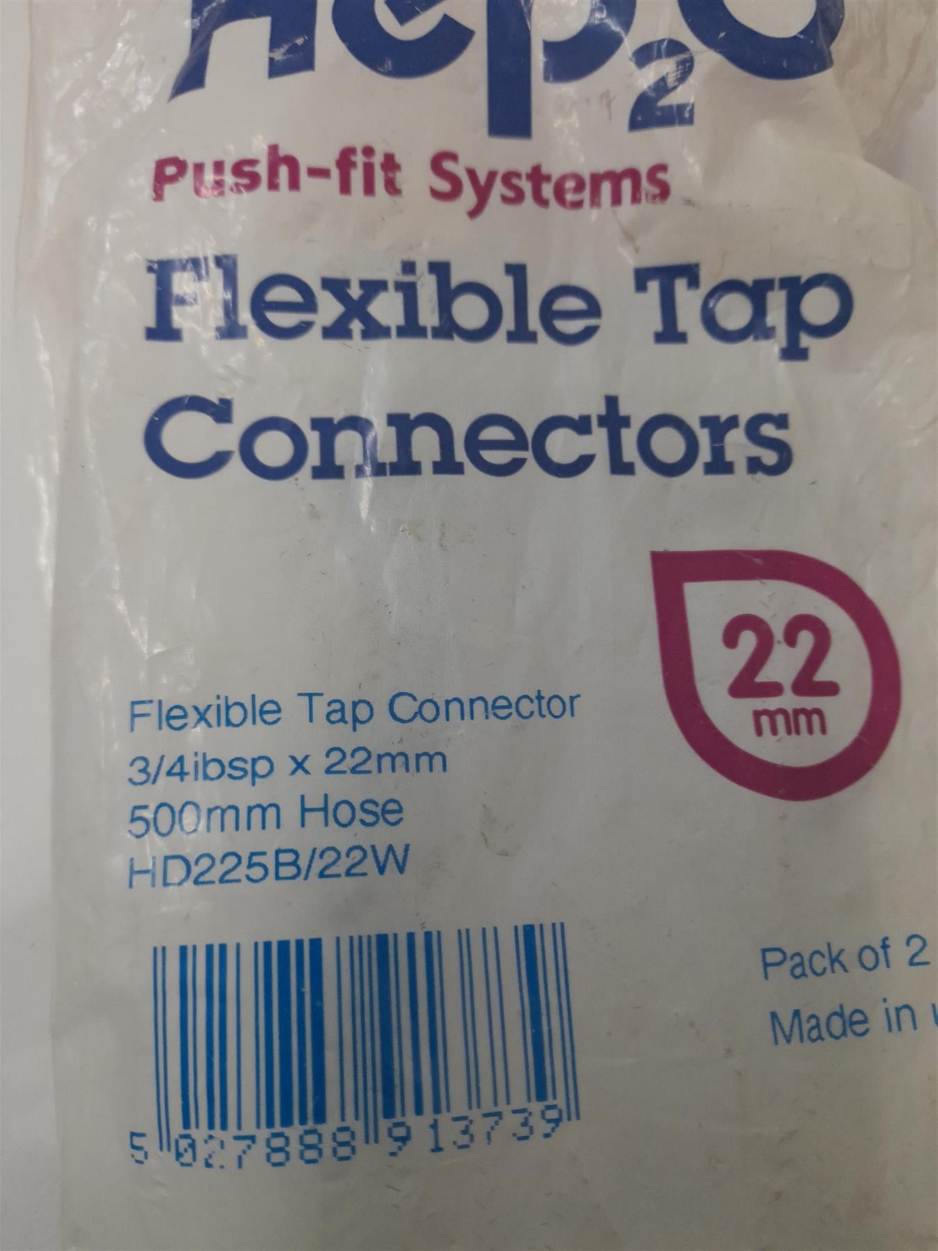 Hep2O HD225B/22W Flexible Tap Connectors Silver 22mm x ¾ 2 Pack