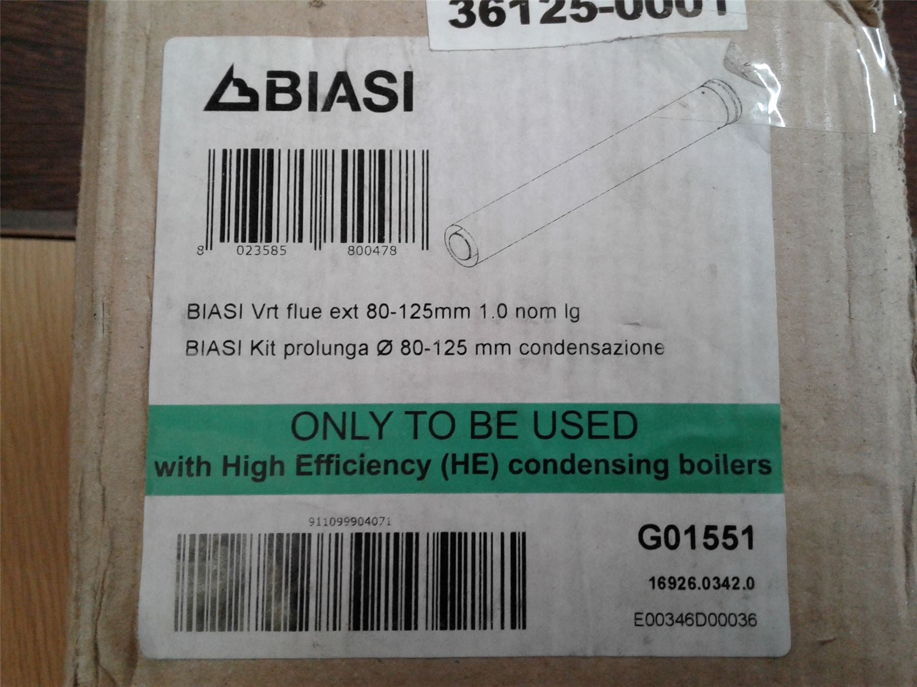 NEW BIASI VERTICAL FLUE EXT 80-125MM 1.0 NOM LG 10999