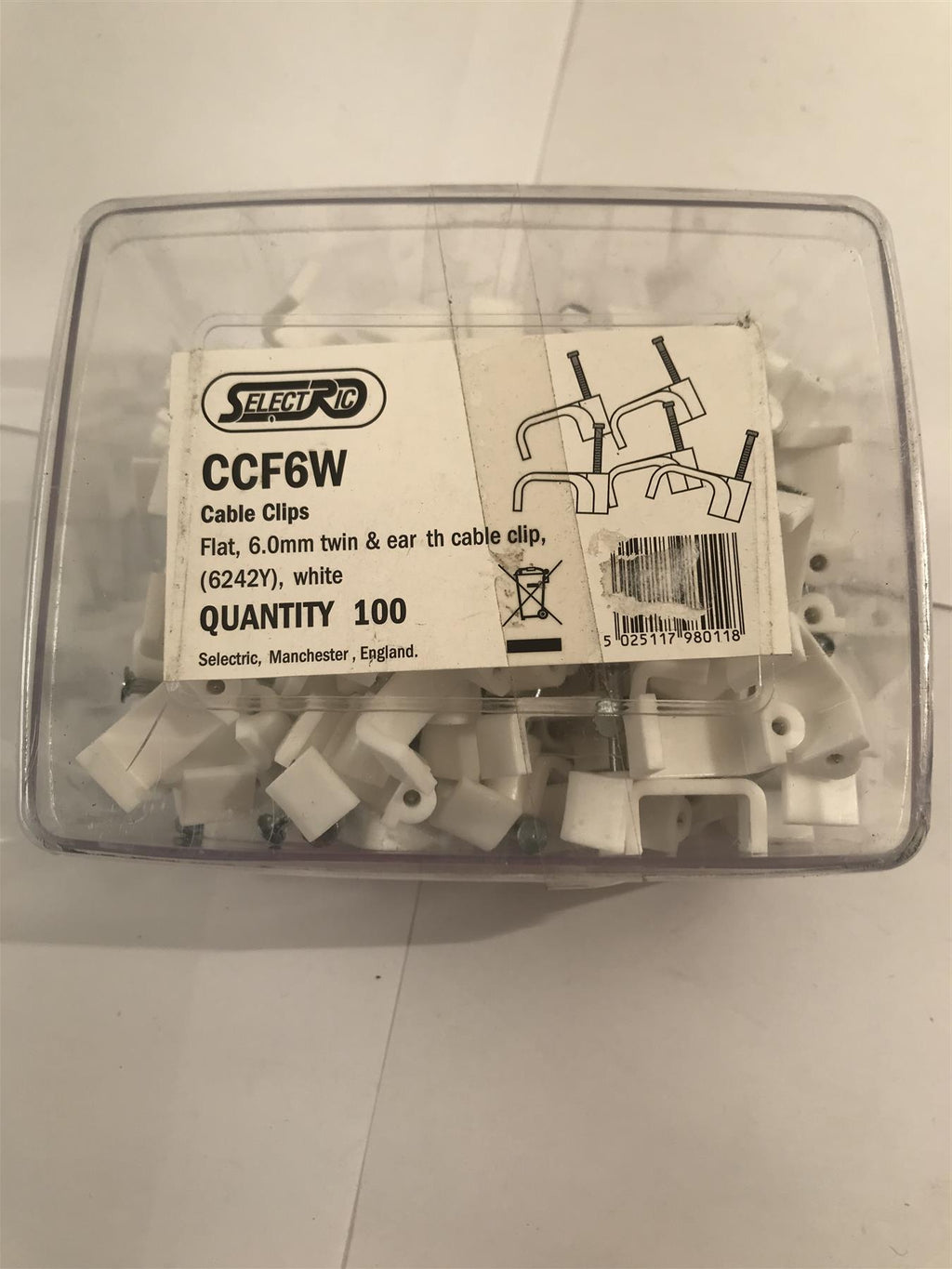 Selectric  Flat 6mm Twin & Earth Cable Clip White x 100  CCF6W