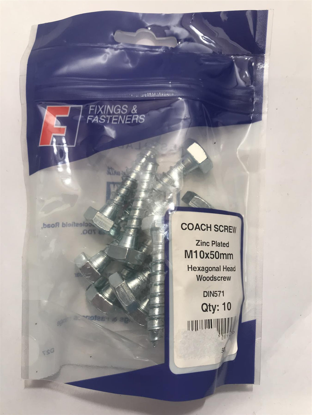 ForgeFix Coach Screw Zinc Plated M10x50mm Hexagon Head 10CS1050 (10 Pk)