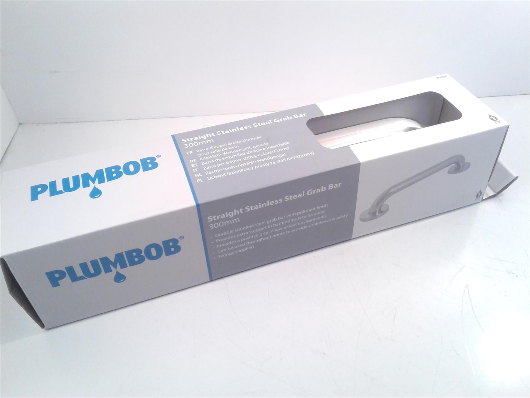 Plumbob 800886 Straight Bathroom Grab Bar Polished Stainless Steel 300mm