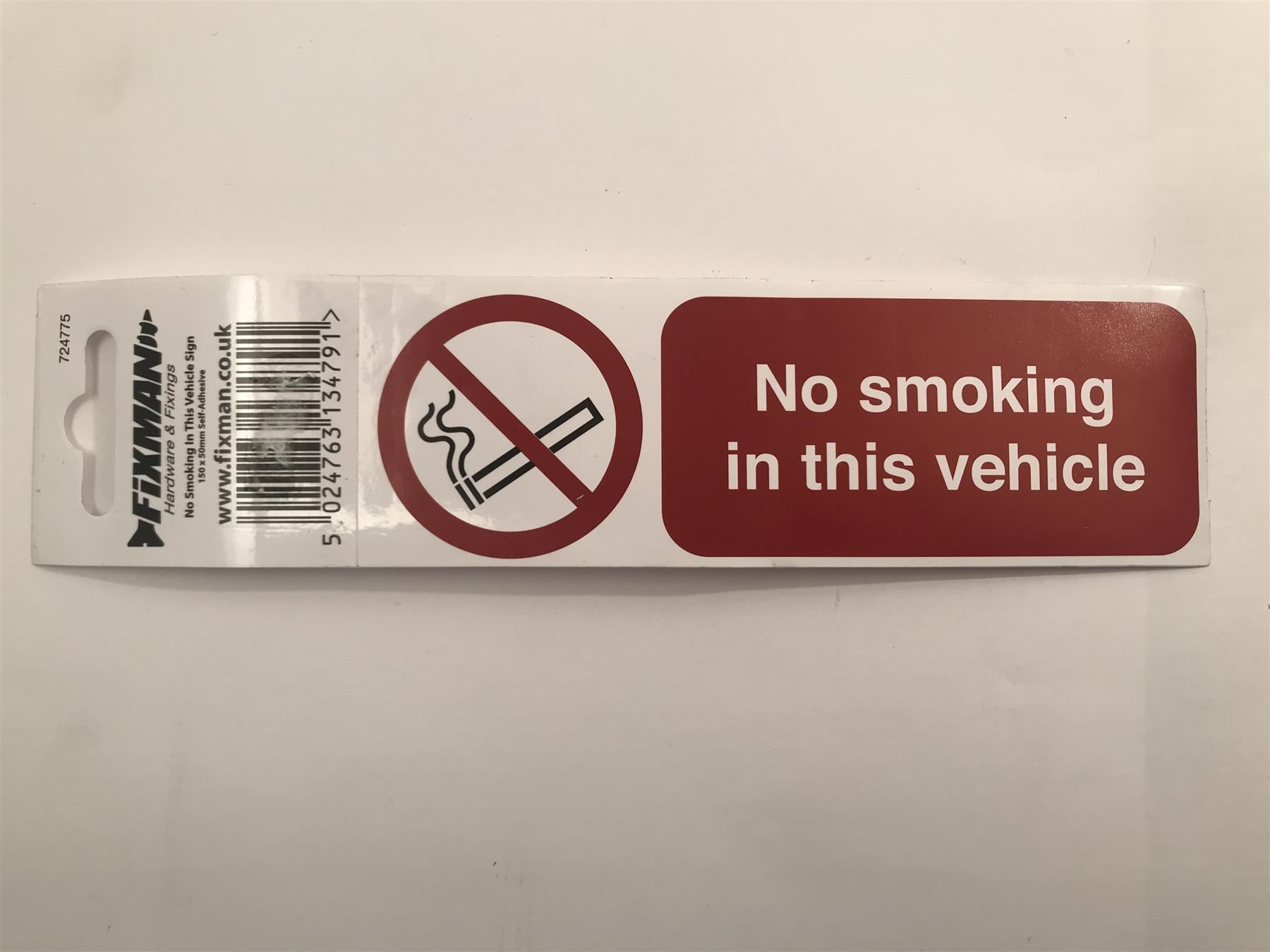 Fixman 724775 Self-Adhesive No Smoking In This Vehicle Sign 150 x 50mm
