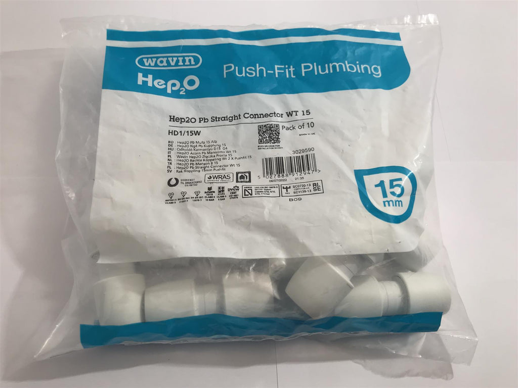 WAVIN 15mm Hep20 PB Straight Connector WT 15 Pack of 10 HD1/15W
