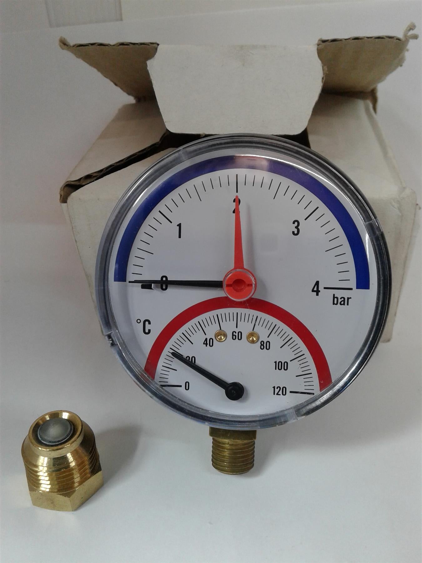 NEW Bottom Entry Temperature & Pressure Gauge 80mm Dial 120C 4 BAR