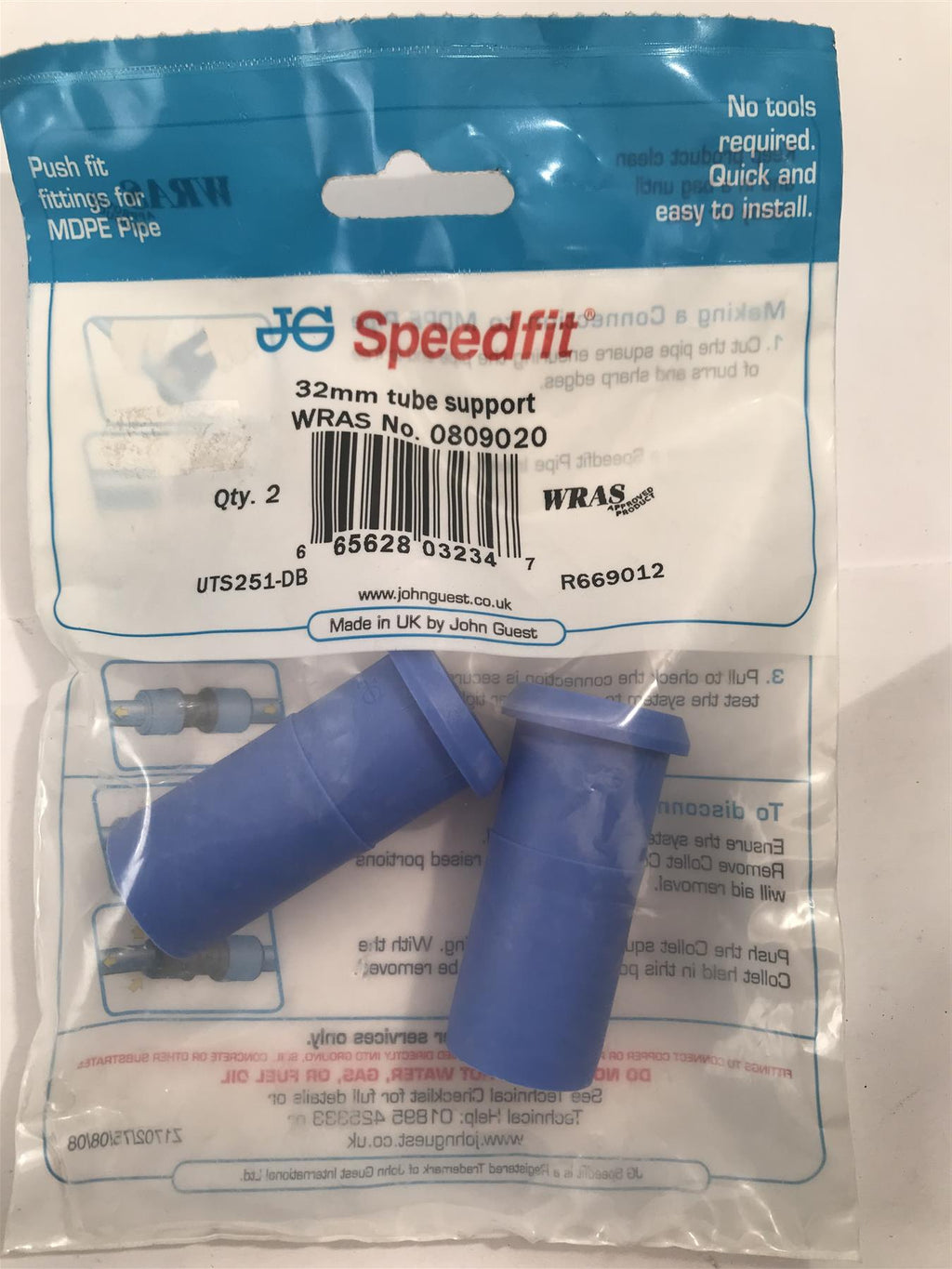Speedfit 32mm Tube Support Pushfit MDPE  (2 Pack) UTS251-DB