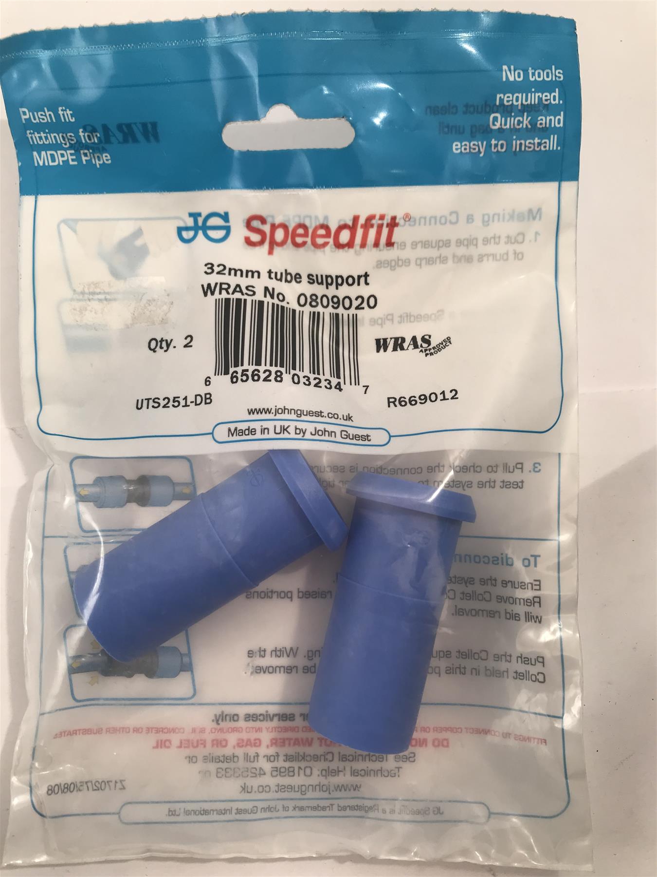 Speedfit 32mm Tube Support Pushfit MDPE  (2 Pack) UTS251-DB