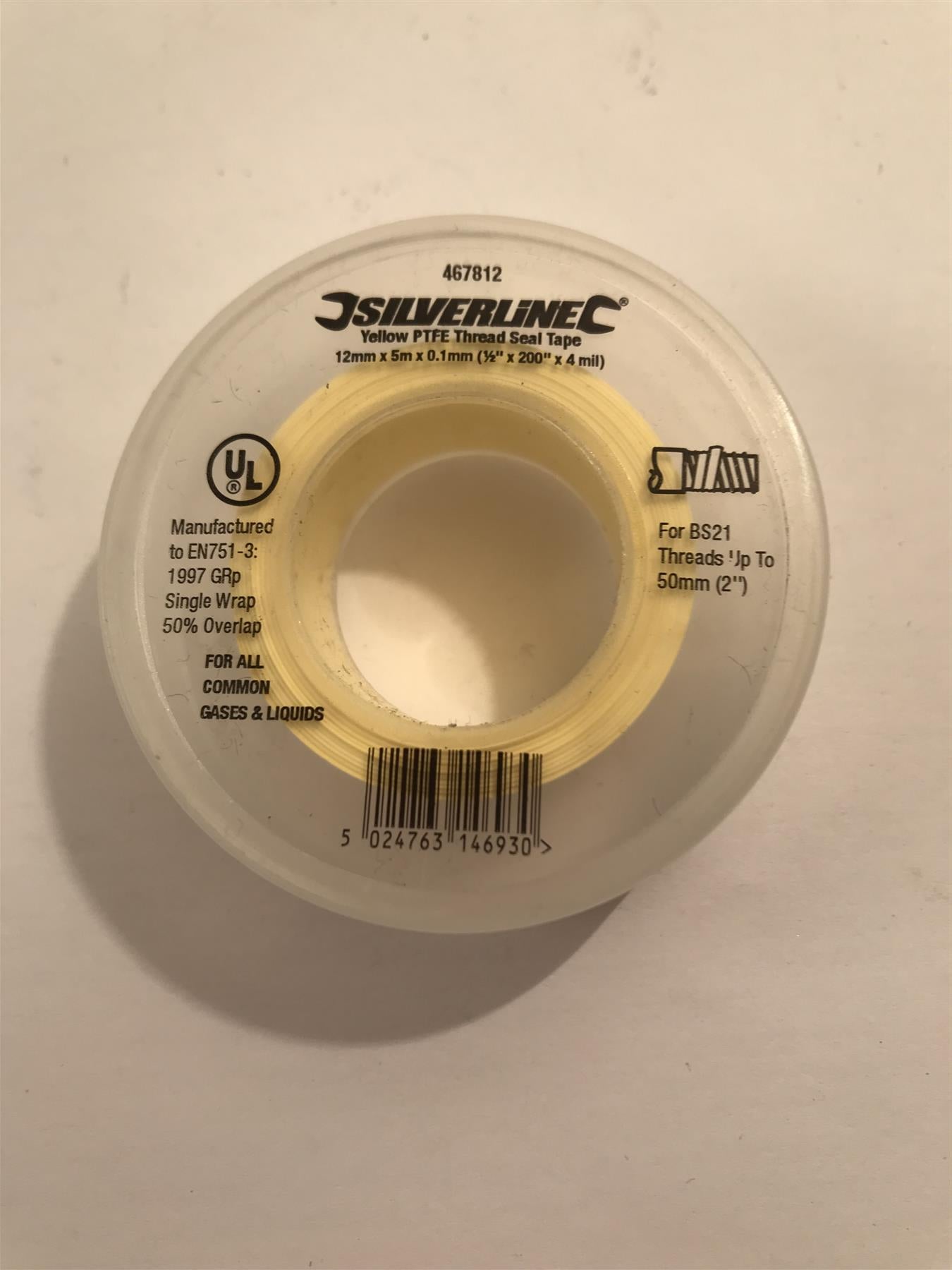 Silverline Yellow PTFE Thread Seal Tape 12mm x 5m  467812