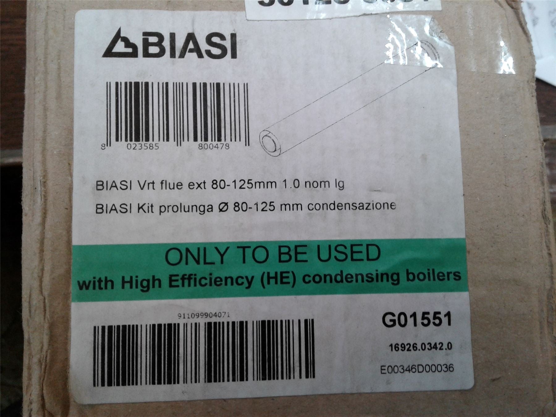NEW BIASI VERTICAL FLUE EXT 80-125MM 1.0 NOM LG 10999