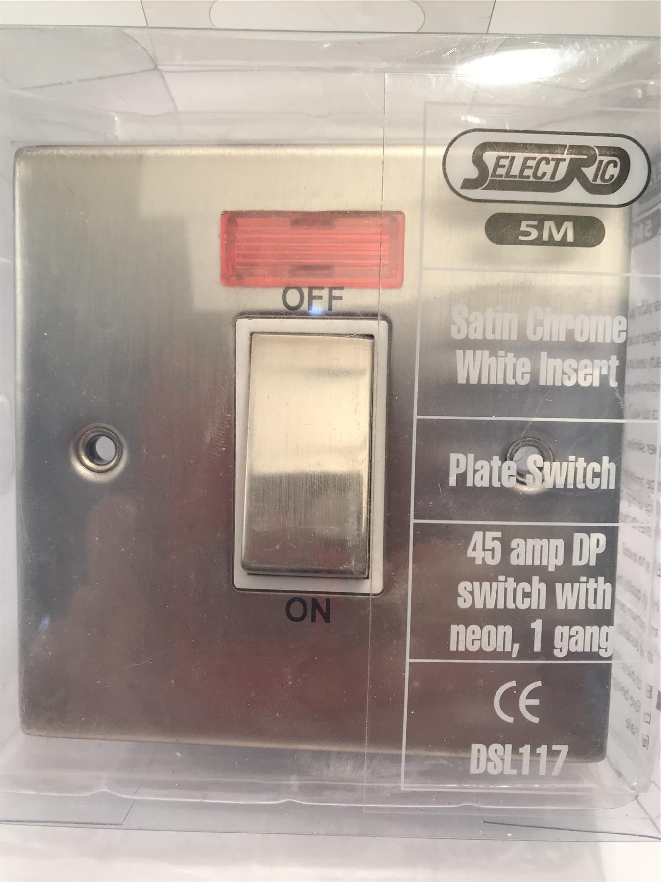 Satin Chrome White Insert Plate Switch 45amp DP Switch Neon 1 gang DSL117