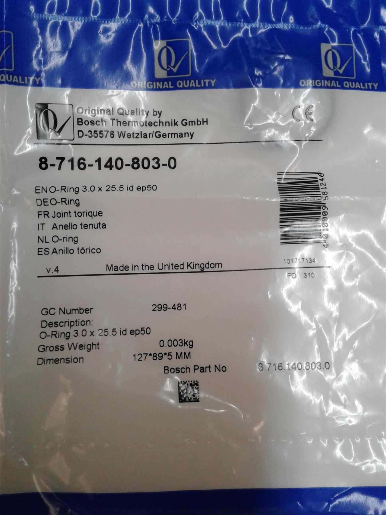 NEW Worchester Bosch O RING 3.0 X 25.5 mm (8-716-140-803-0)