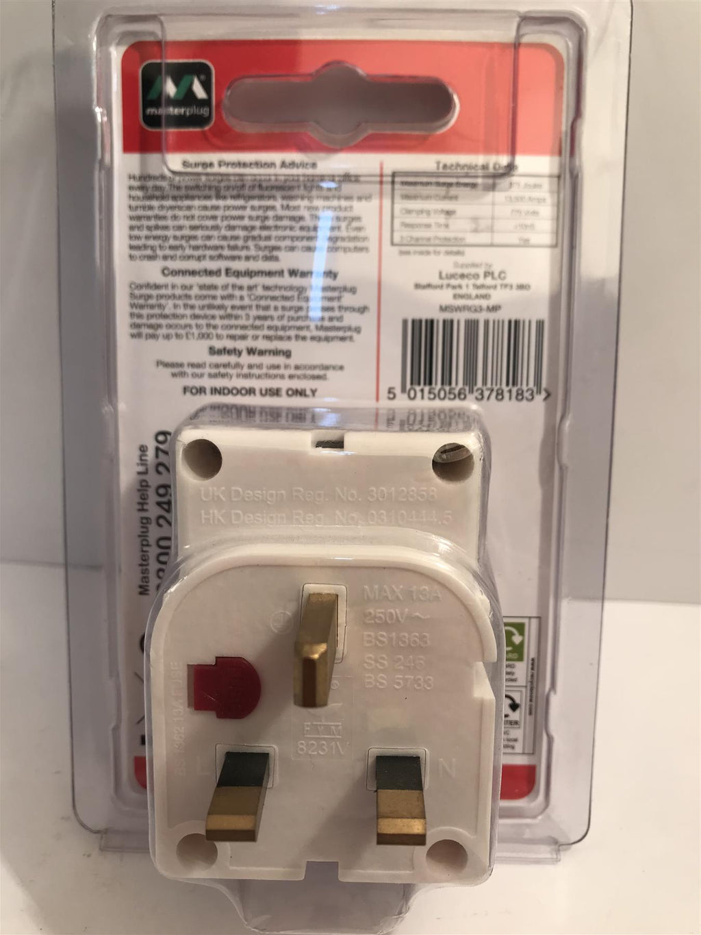 Masterplug Surge Protected 3 Socket Plug Adapter MSWRG3-MP