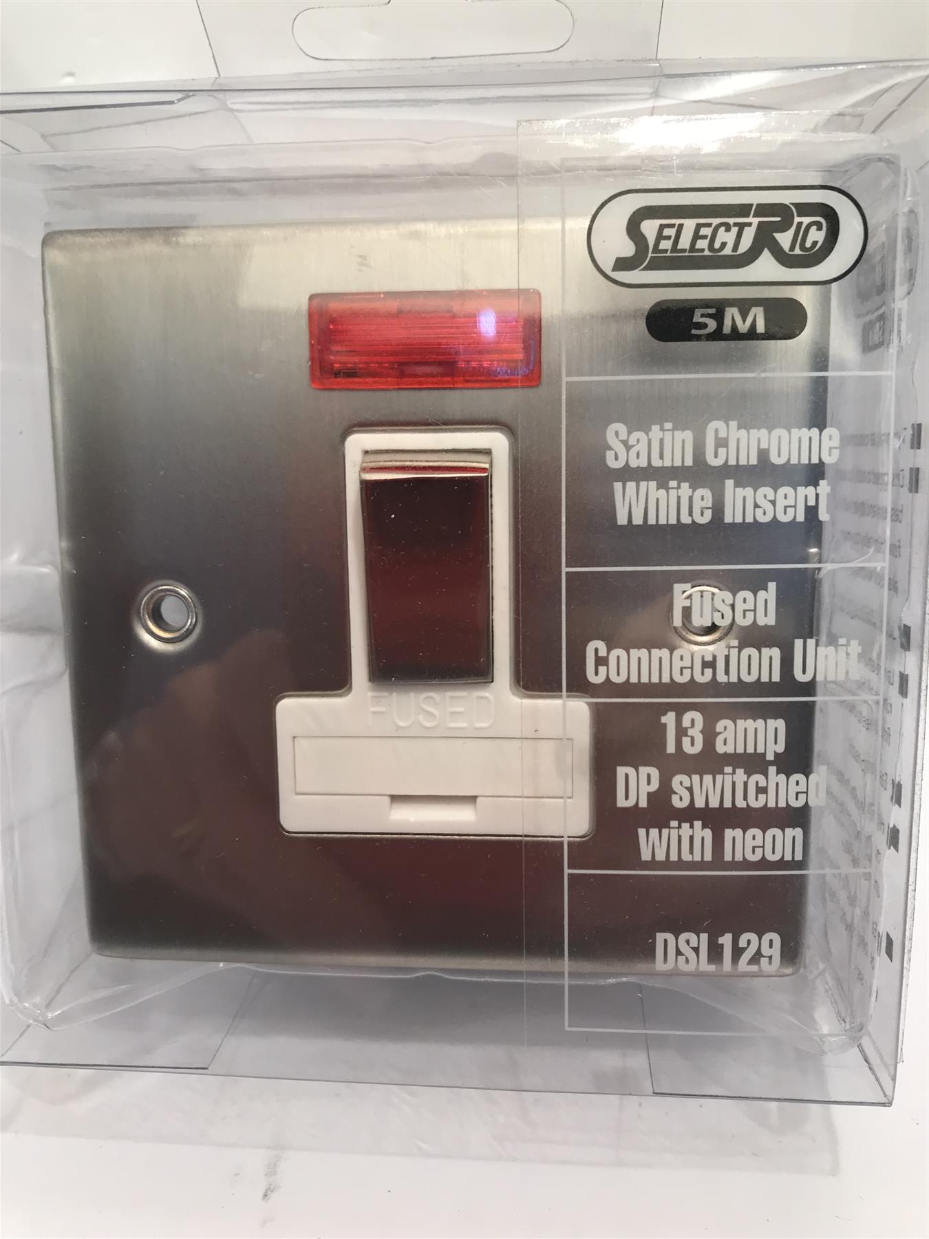 13 amp Satin Chrome White Insert Fused Connection Unit DP Switch Neon DSL129