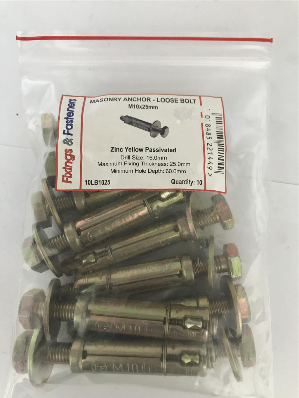 Masonry Anchor - Loose Bolt M10 x 25mm (10 Pack)  10LB1025