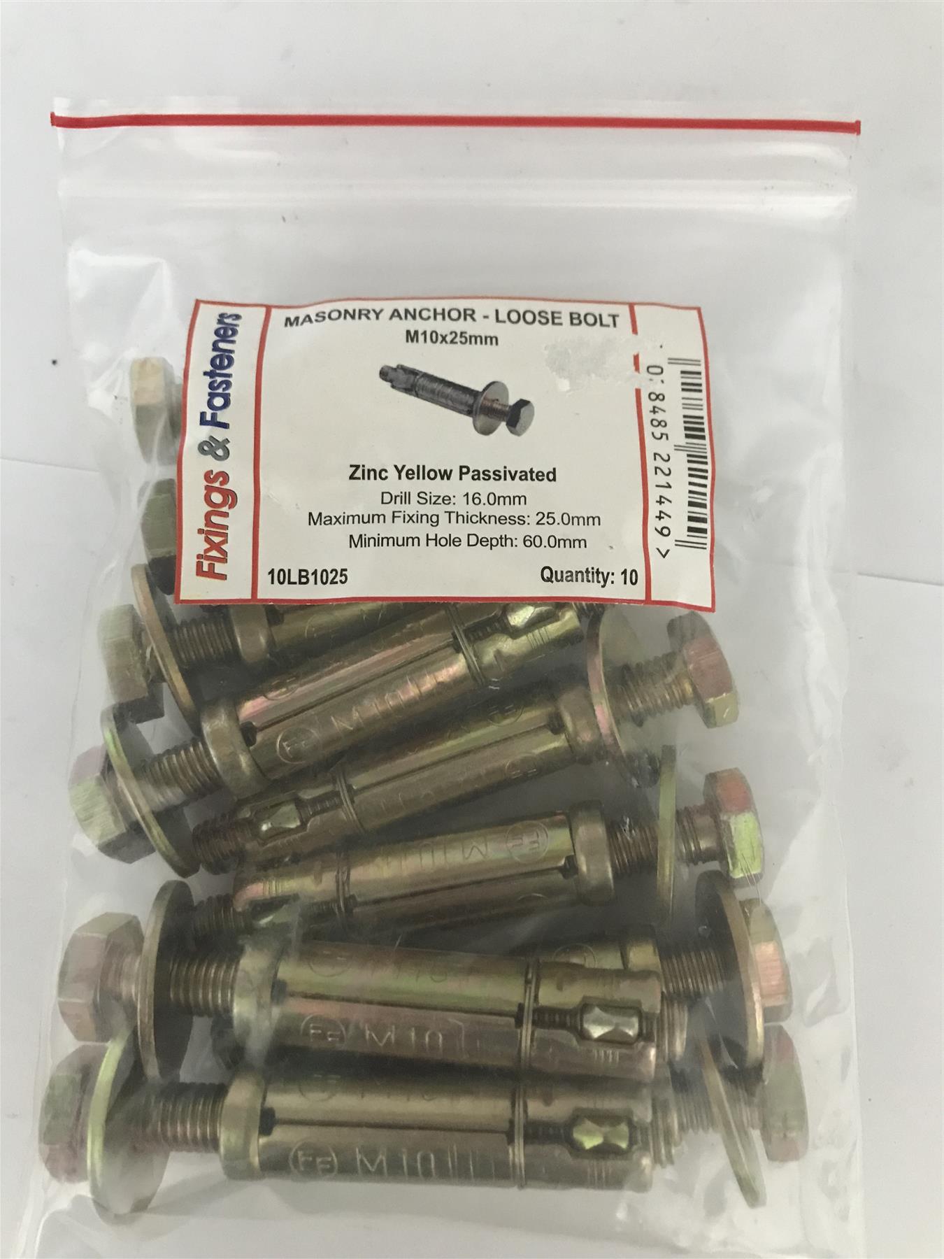 Masonry Anchor - Loose Bolt M10 x 25mm (10 Pack)  10LB1025