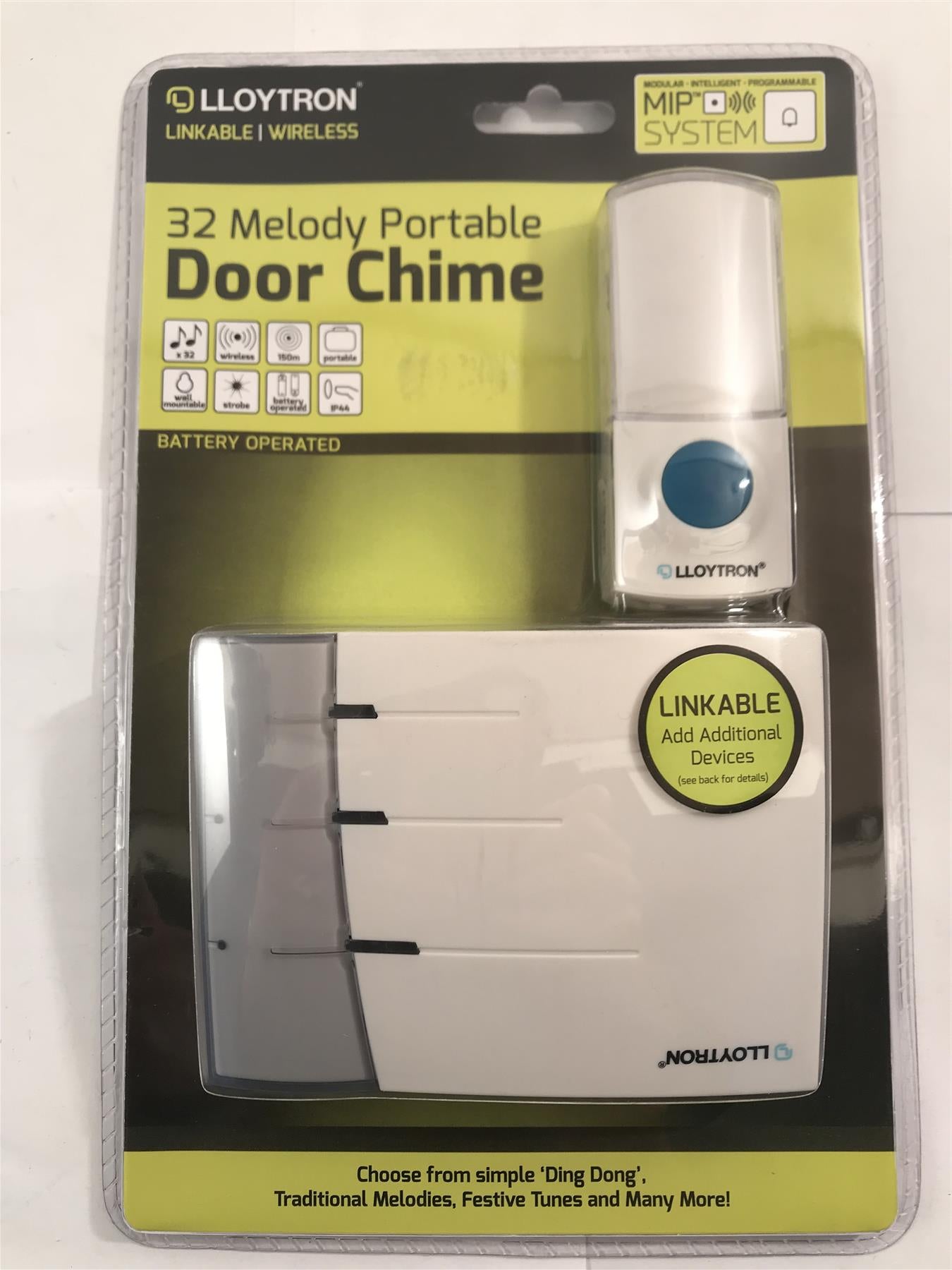 Lloytron Linkable/Wireless 32 Melody Portable Door Chime  Battery Op  B7017WH
