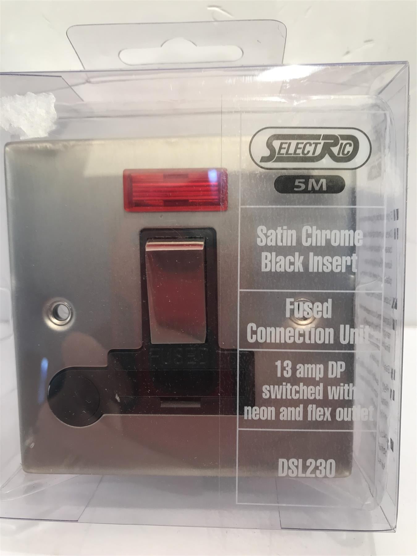13amp Satin Chrome Black Insert Fused Connection Unit with Neon and flex outlet