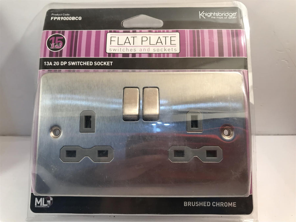 Knightsbridge Chrome 13a 2 Gang Switched Socket Grey Insert  FPR9000BCG