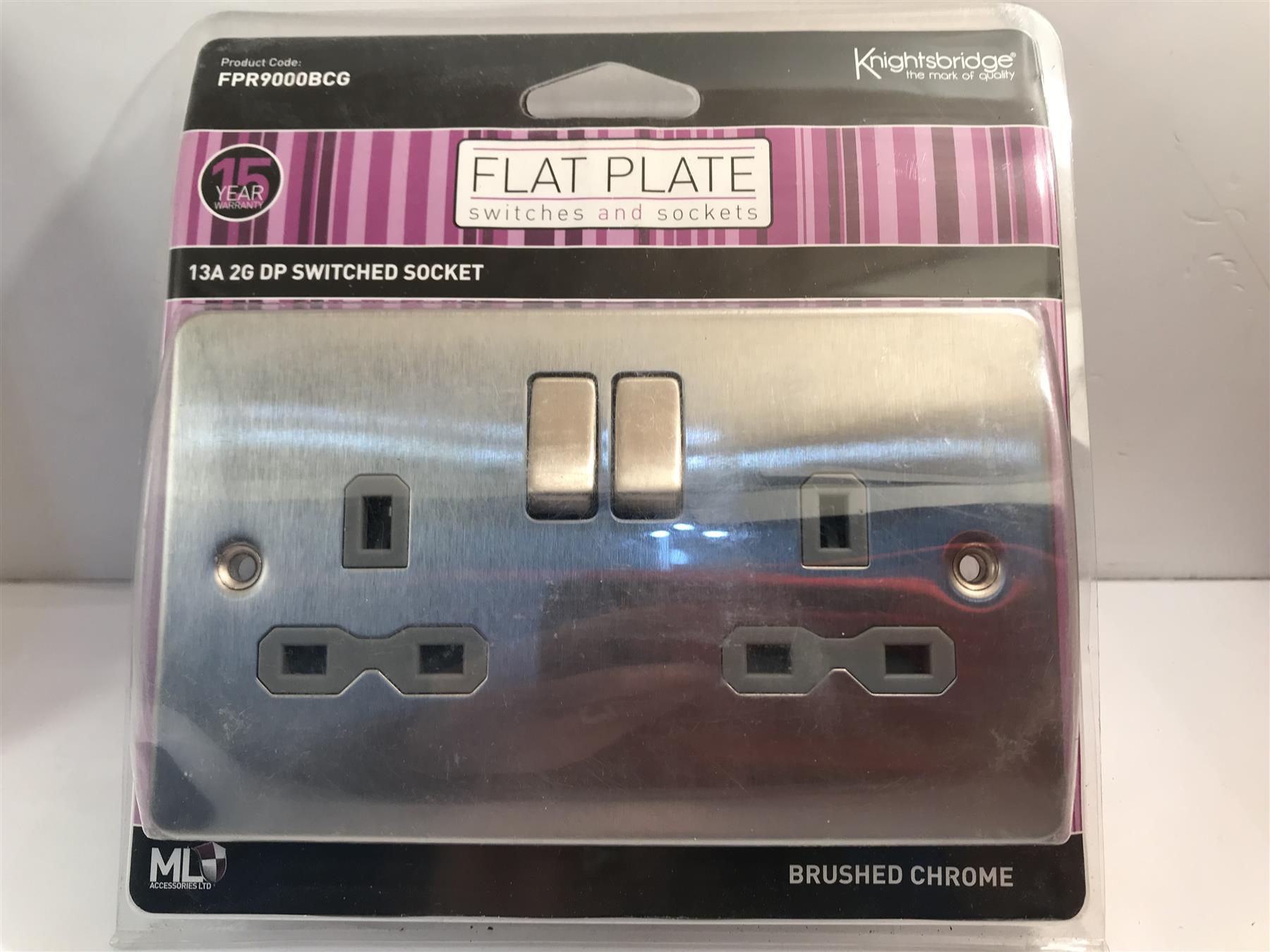 Knightsbridge Chrome 13a 2 Gang Switched Socket Grey Insert  FPR9000BCG