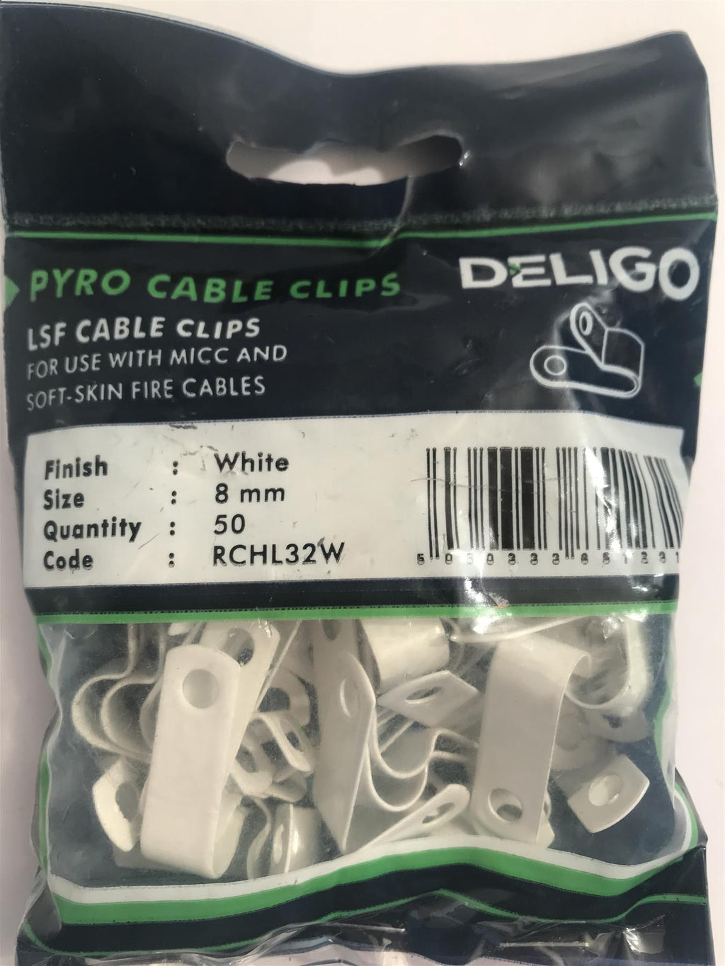 Deligo LSF Coated White Pyro Cable Clips 8mm RCHL32W (50 Pack)