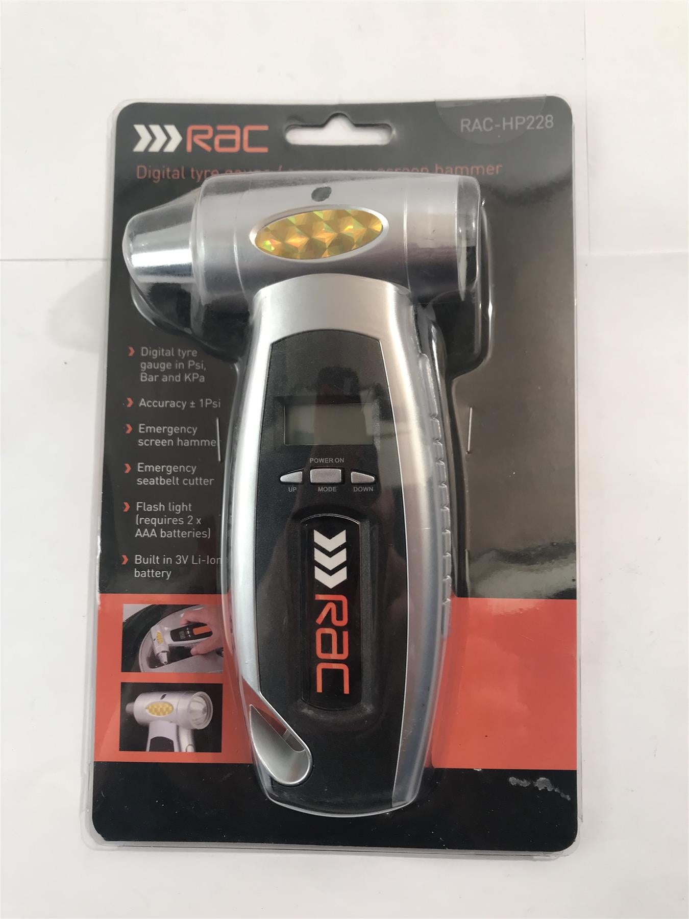 Digital Tyre Gauge, Emergency hammer Seatbelt Cutter Flash light RAC-HP228