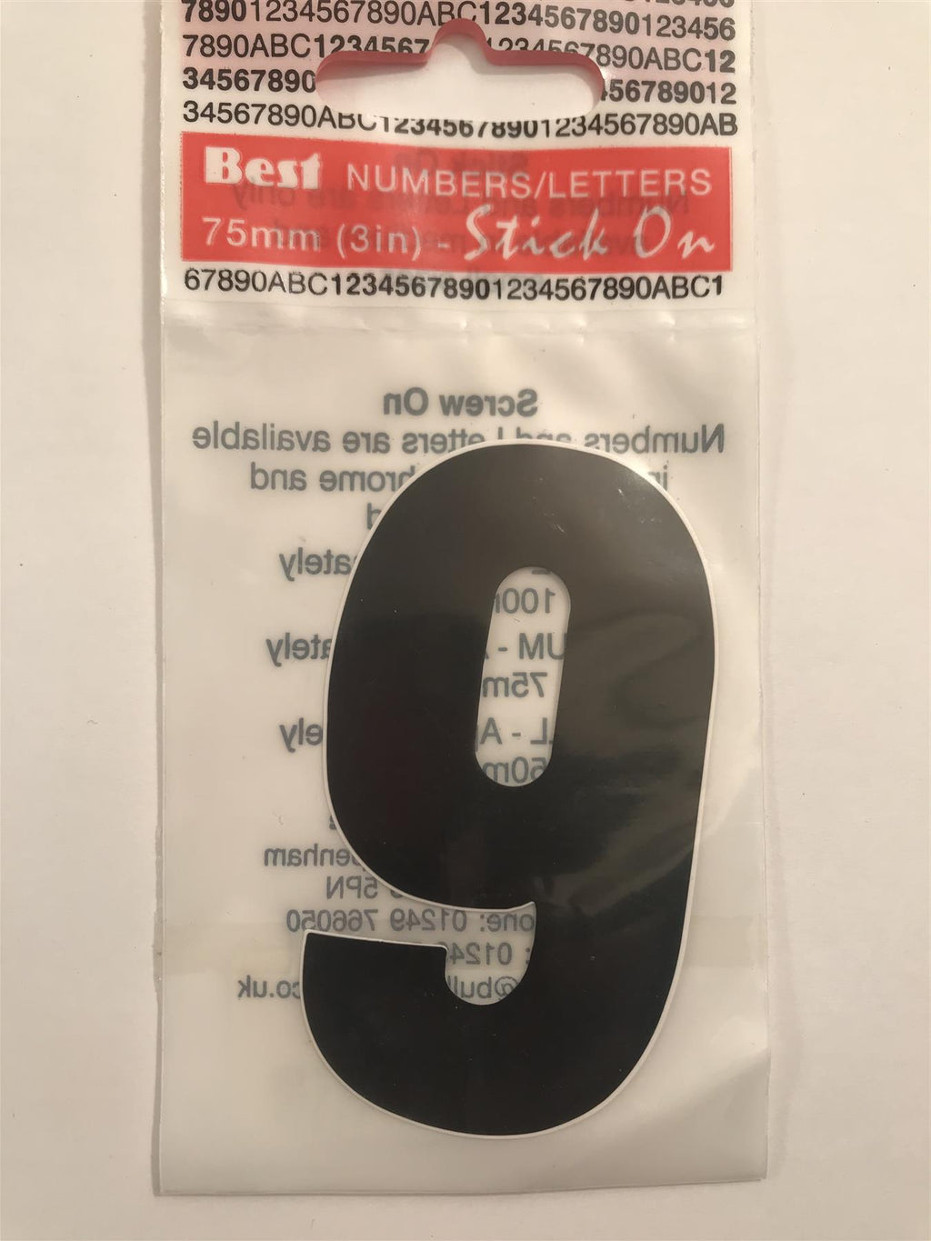 Black Number 9 Self Adhesive 1½" x 3"