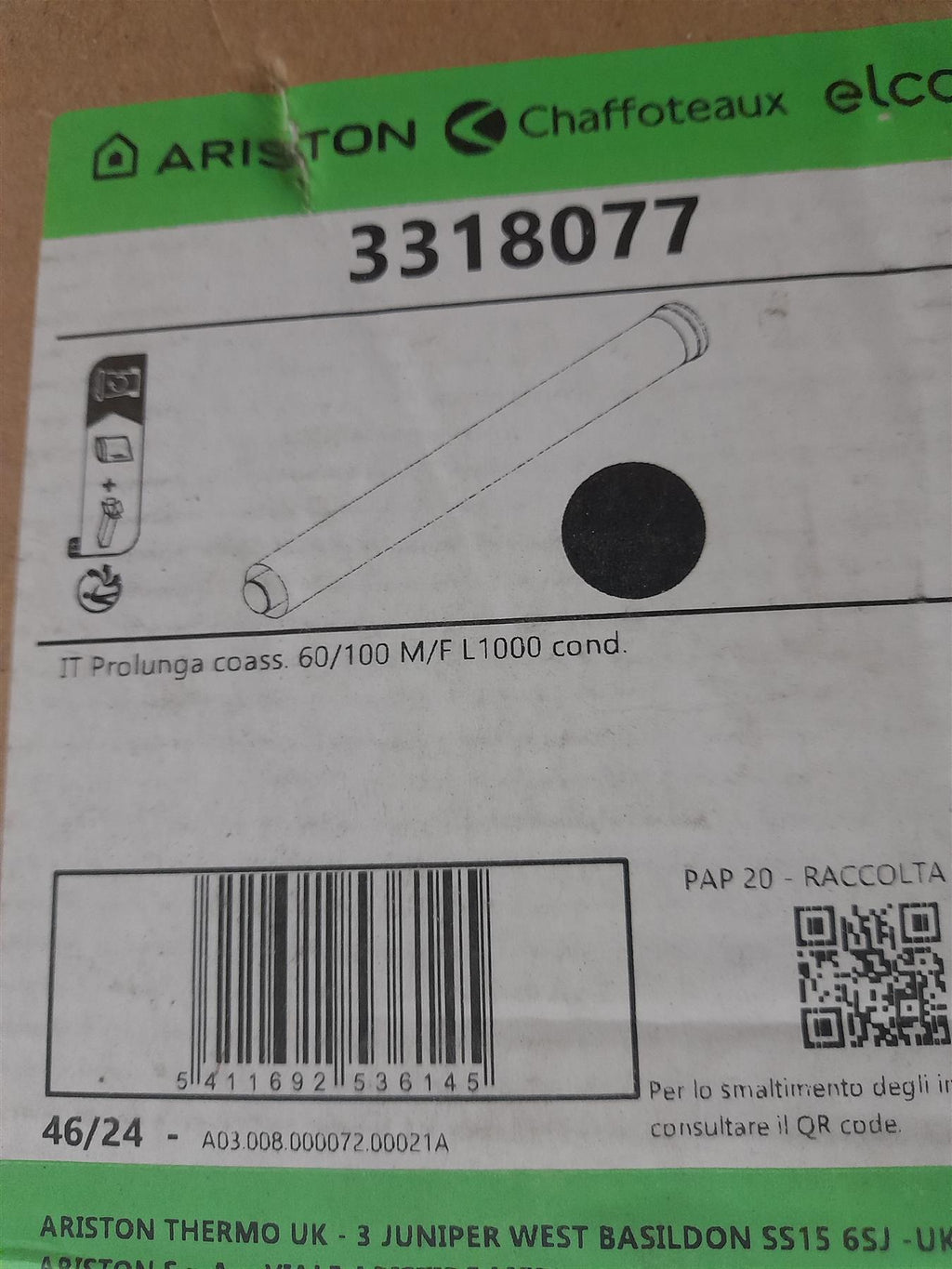 Ariston 3318077 1000m Flue Extension 1m 60 100 New