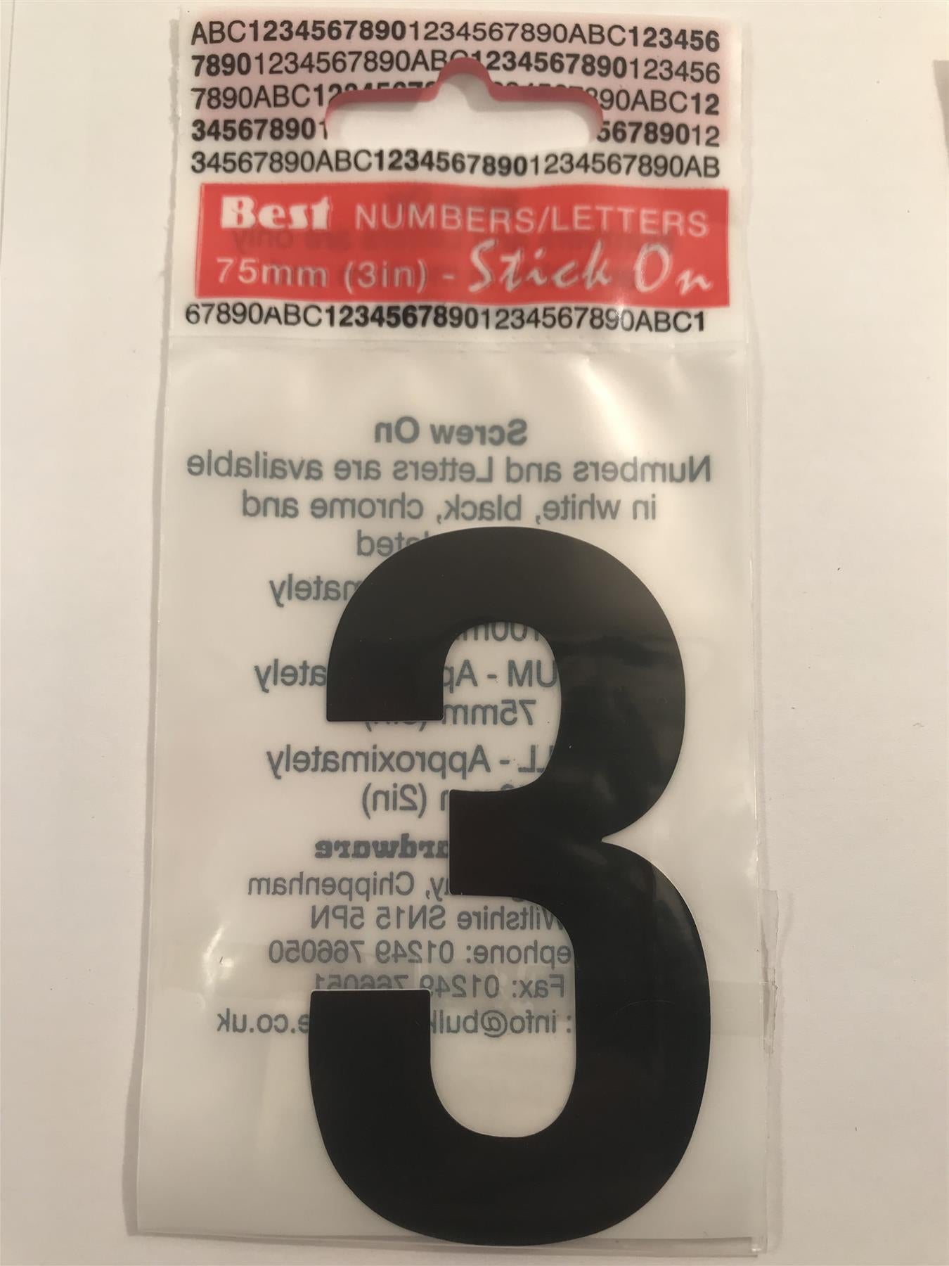 Black Number 3 Self Adhesive 1½" x 3"